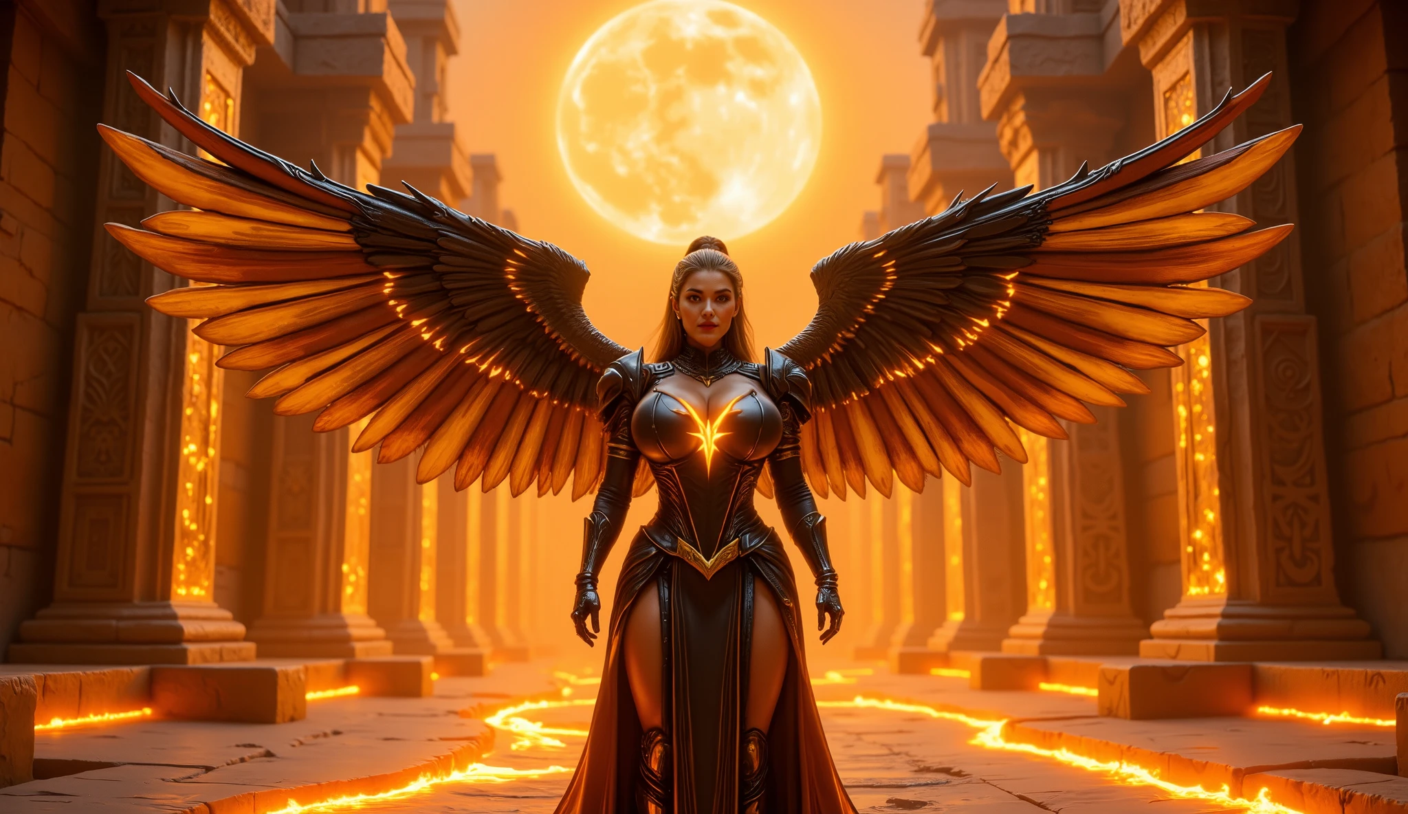 Medium close up shot A powerful warrior queen stands at the entrance of an ancient temple, surrounded by glowing rivers of lava. She wears a striking black armor with fiery golden lines that pulse with energy, reflecting the heat of the surroundings. Her mechanical wings glow with an intense golden light, matching the brilliance of the temple. The temple around her is ancient and massive, carved from obsidian stone with intricate, fiery symbols adorning the walls. Above, a colossal sun hangs in the sky, casting intense light and heat upon the temple. The air shimmers with heat, and the ground rumbles with the power of the surrounding lava. The atmosphere is one of raw power and mysticism, embodying the queen’s command over both fire and the sun itself. Cinematic lighting, ultra-detailed, fantasy sci-fi aesthetic, 8K resolution, artstation trending, masterpiece.