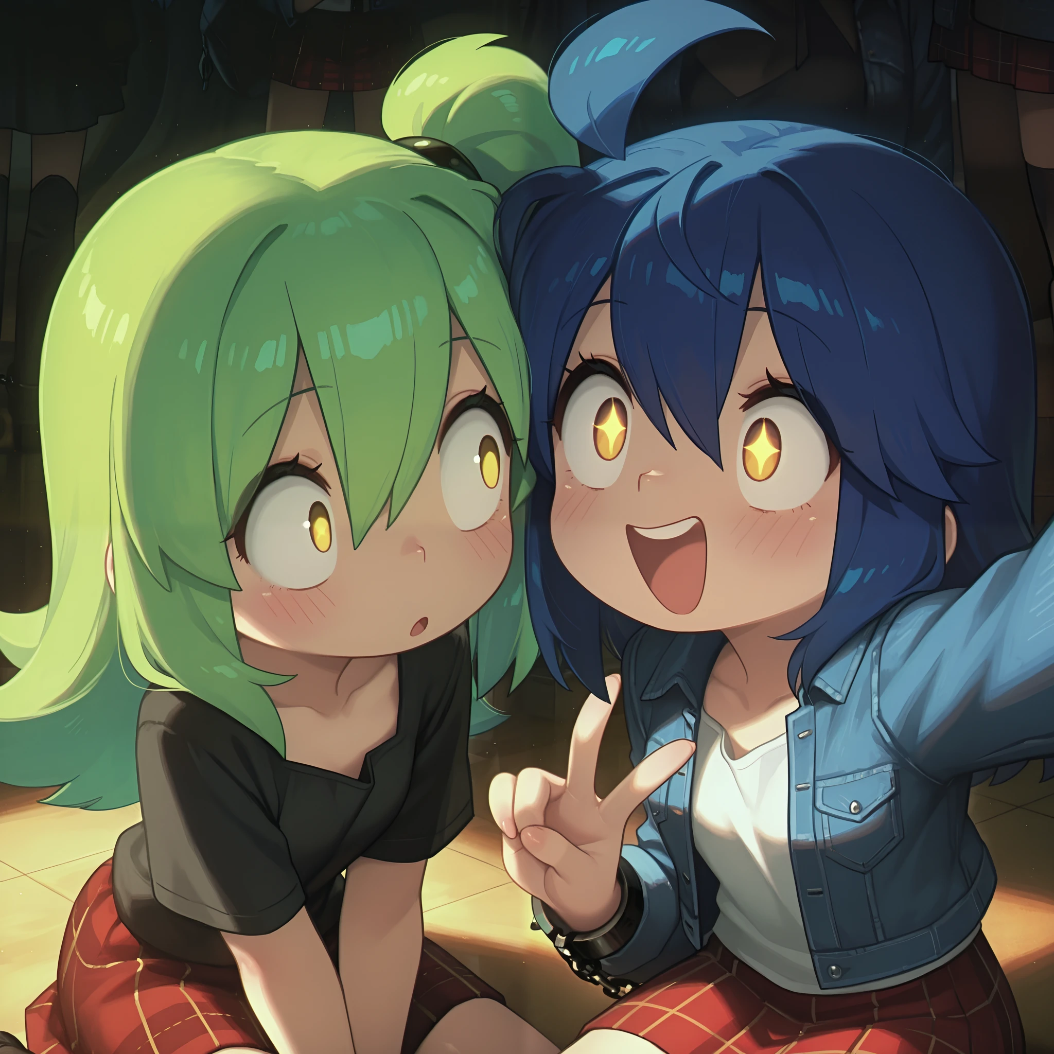 Score_9, score_8_up, score_7_up, masterpiece, best quality, amazing quality, very aesthetic, high resolution, ultra-detailed, absurdres, newest, Anime screencap, highly detailed, high quality, hyper-Detailed, mistico_IL. BREAK.
Two young girls in a tense, enclosed space. The girl with long green hair and large, expressive eyes is wearing a white t-shirt with a denim jacket over it and is taking a selfie with a smartphone. She has a confident and slightly mischievous expression, leaning forward and making a peace sign with her free hand. The girl with long blue hair and large, expressive eyes is wearing a black blouse with a red plaid skirt and is sitting on the floor with her hands cuffed in front of her. She has an expression of surprise or fear. The lighting is dramatic, with strong shadows and highlights highlighting the faces and main objects. The environment is dark and sparsely detailed, focusing attention on the two girls. The scene conveys a sense of tension and mystery, with the green-haired girl in control and the blue-haired girl in a restrained situation. The interaction between the two girls is intense, with the selfie capture highlighting the situation of control and restraint. The composition is balanced, with both girls in the spotlight, surrounded by a tense, enclosed space.