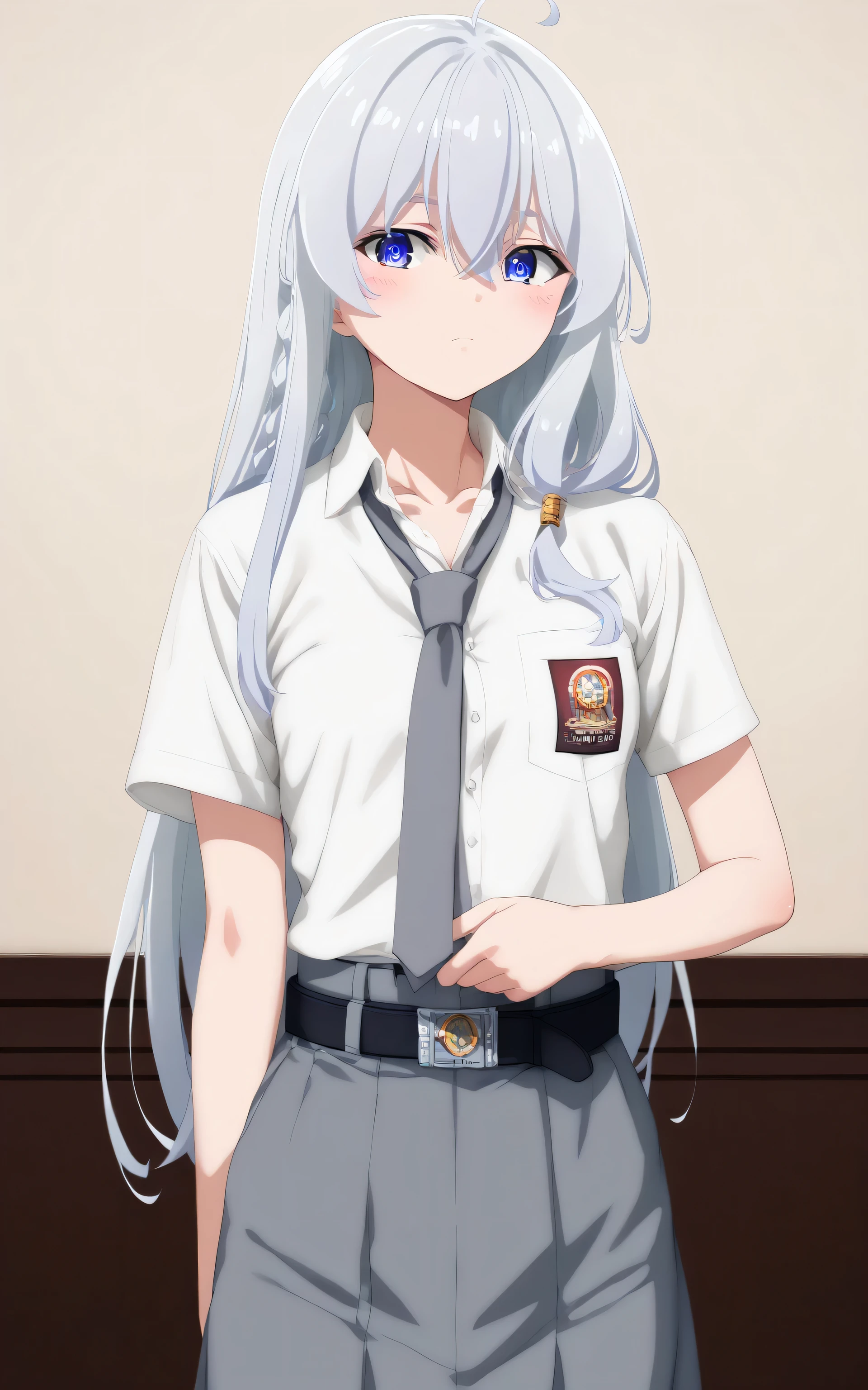 upper body, elaina, anime style, Random Sexy pose , ((Ultra detailing)), (very aesthetic, best quality, ultra detailed), intricate details,
1girl, silver hair, blue eyes,((Detailed eyes)), ((Beautifull eyes)), ((prefect eyes)), sharp jawline, long hair, shy, Blush ,Wearing sma shirt, Gray tie, Gray Skirt, Belt, Cleavage, class room,