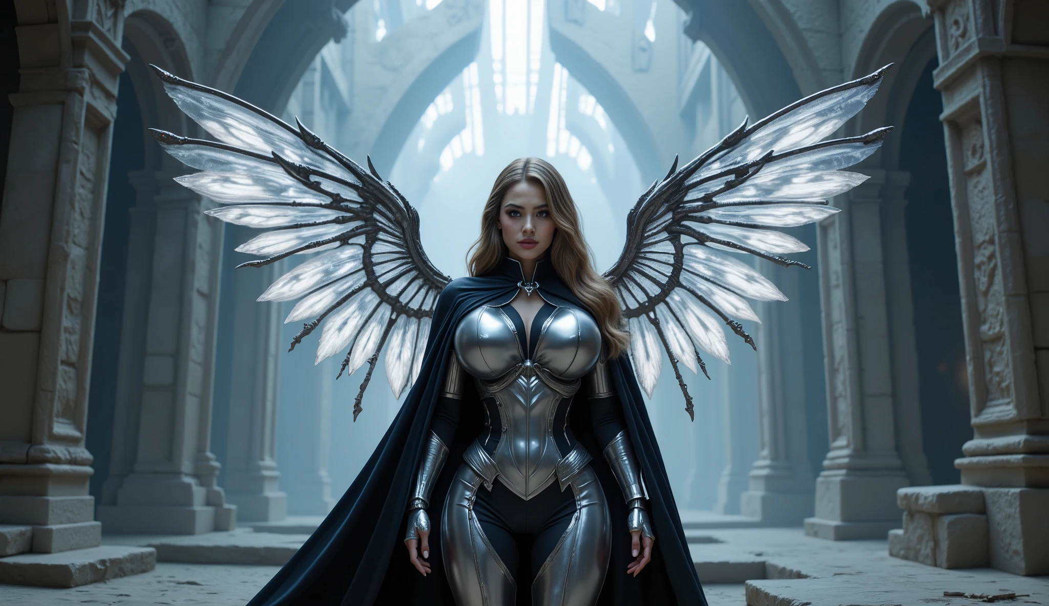 Medium close up shot A mysterious warrior queen stands in the center of an enigmatic silver castle, bathed in dim, eerie light. She wears a shimmering silver armor with a flowing black cloak layered with holographic fabric that shifts with the light, creating an illusion of movement. Her mechanical wings flicker with faint silver light, blending with the mysterious surroundings. The castle around her is a labyrinth of illusionary architecture, with walls that appear to shift and change. The structure is made of polished silver, with delicate, intricate patterns that seem to warp and distort as light plays across them. The atmosphere is one of mystery and suspense, embodying the queen’s mastery over shadows and illusion. Cinematic lighting, ultra-detailed, fantasy sci-fi aesthetic, 8K resolution, artstation trending, masterpiece.
