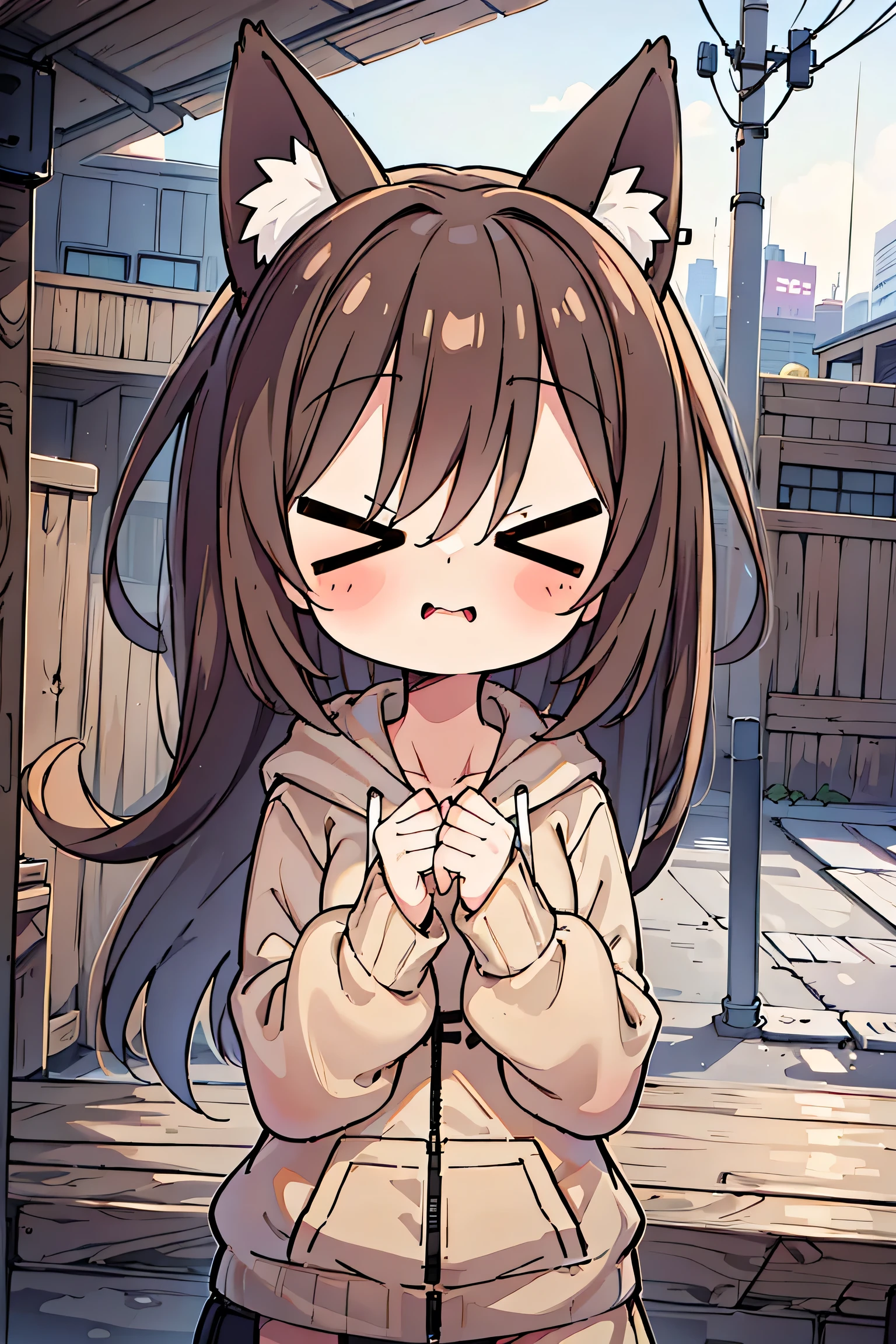 anime style、 fox ears、 brown hair、 with eyes closed、 double teeth、 woman、 beige hoodie