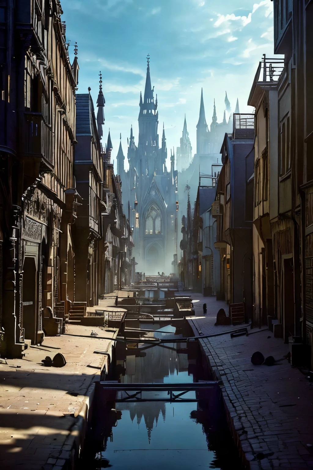 ((best quality)), ((masterpiece)), extremely detailed, delicate texture, aesthetic gothic collection, general term for (gothic architecture, art, fashion, literature, thought, style, and culture), cityscape, background heretical and mysterious light that illuminates the darkness, gothichorrorai, ((victorian era inspired)), ((gothic architecture)), ((street level)), ((pedestrian perspective)), (a street level view of a dense slum like residential district of a gothic city), (the dark underbelly of the city), ((a mixture of rickety wood building structures and an older more permanent stone city foundation)), ((wooden walkways criss-cross above)), (the buildings rise up out of view), (the street before us is extemely narrow with a trickle of water and sewage runnoff flowing down the centre of the street)