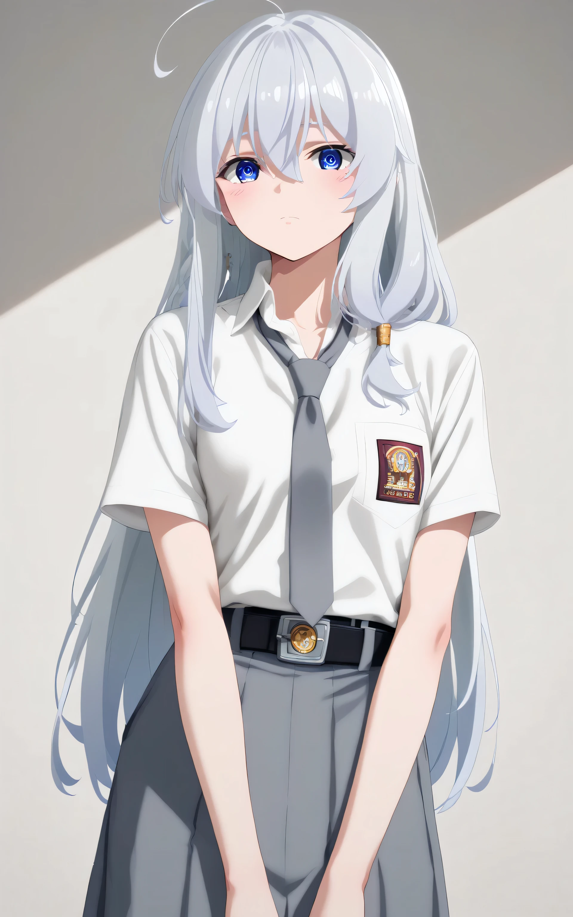 upper body, elaina, anime style, Random Sexy pose , ((Ultra detailing)), (very aesthetic, best quality, ultra detailed), intricate details,
1girl, silver hair, blue eyes,((Detailed eyes)), ((Beautifull eyes)), ((prefect eyes)), sharp jawline, long hair, shy, Blush ,Wearing sma shirt, Gray tie, Gray Skirt, Belt, Cleavage, class room,