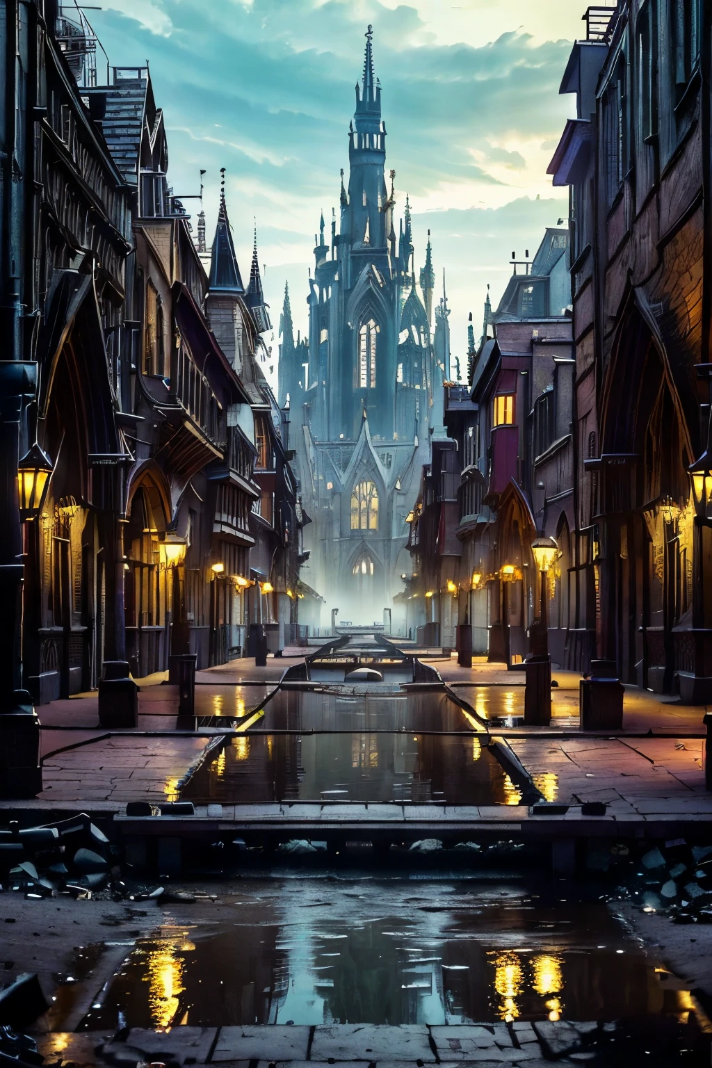 ((best quality)), ((masterpiece)), extremely detailed, delicate texture, aesthetic gothic collection, general term for (gothic architecture, art, fashion, literature, thought, style, and culture), cityscape, background heretical and mysterious light that illuminates the darkness, gothichorrorai, ((victorian era inspired)), ((gothic architecture)), ((street level)), ((pedestrian perspective)), (a street level view of a dense slum like residential district of a gothic city), (the dark underbelly of the city), ((a mixture of rickety wood building structures and an older more permanent stone city foundation)), ((wooden walkways criss-cross above)), (the buildings rise up out of view), (the street before us is extemely narrow with a trickle of water and sewage runnoff flowing down the centre of the street)
