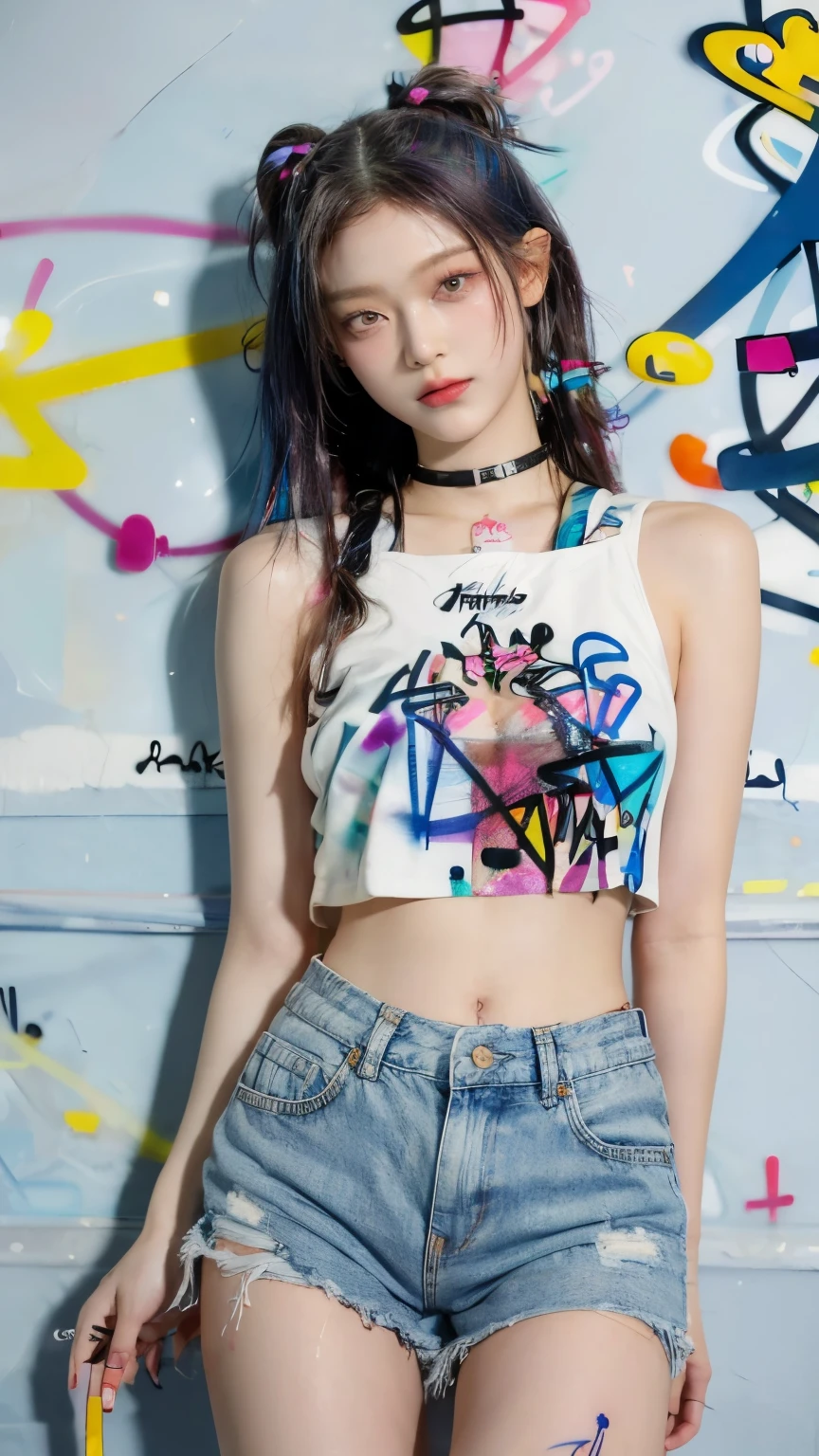 Best quality at best, Original, masterpiece, best quality, 1girl, sweet girl, solo, crop top, denim shorts, choker, (graffiti:1.5), paint splatter, arms behind back, against wall, looking at viewer, armband, thigh strap, paint on body, head tilt, bored, multicolored hair, aqua eyes, headset,