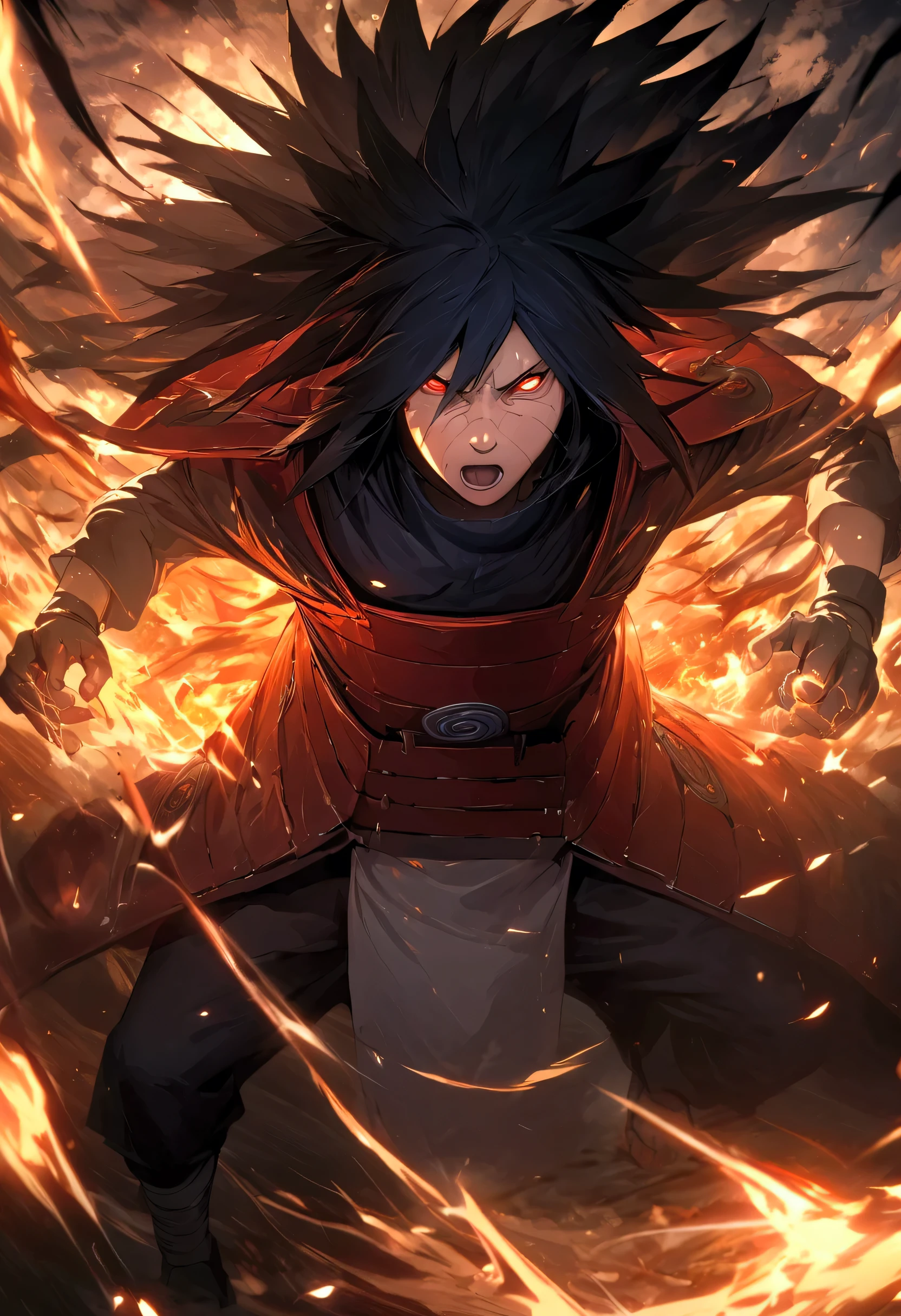 high quality, lights, absurd, High resolution, extremely detailed, HDR, masterpiece, fight scene, Extremely detailed face and eyes, Uchiha Madara, Naruto , high performance