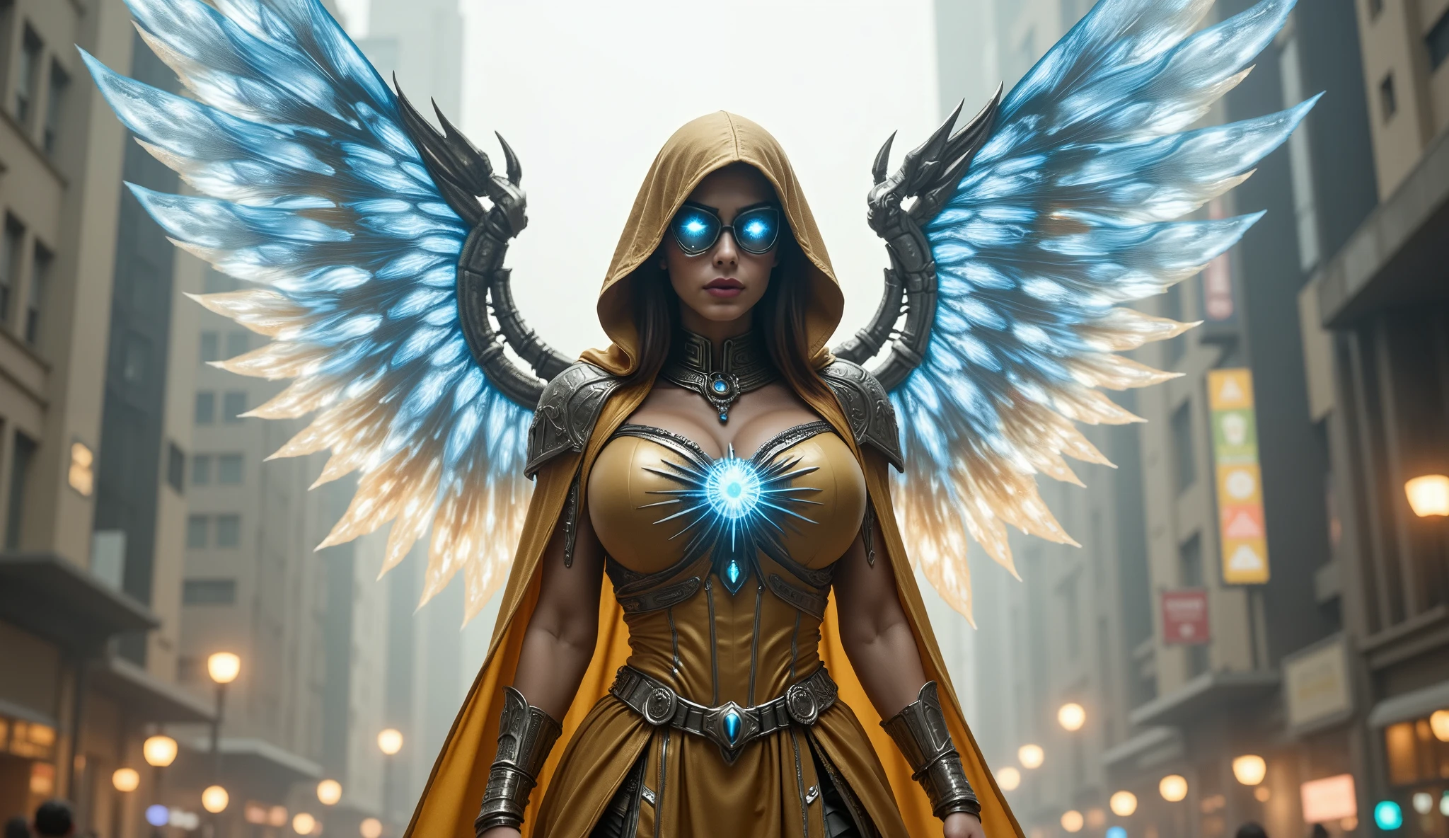 A mysterious warrior queen stands in the heart of a shimmering, mirage-like city that constantly shifts and changes shape. She wears an ornate golden cloak adorned with blue flame accents, and her face is obscured by a half-transparent mask that reflects the city’s ethereal glow. Her mechanical wings shimmer with a bluish, fiery light, flickering as if caught between reality and illusion. The city around her appears as a mirage, with buildings and structures constantly warping and changing forms every few seconds, giving the impression of a place that exists outside of time. The atmosphere is otherworldly and surreal, embodying the queen’s control over perception and the elusive nature of reality itself. Cinematic lighting, ultra-detailed, fantasy sci-fi aesthetic, 8K resolution, artstation trending, masterpiece.