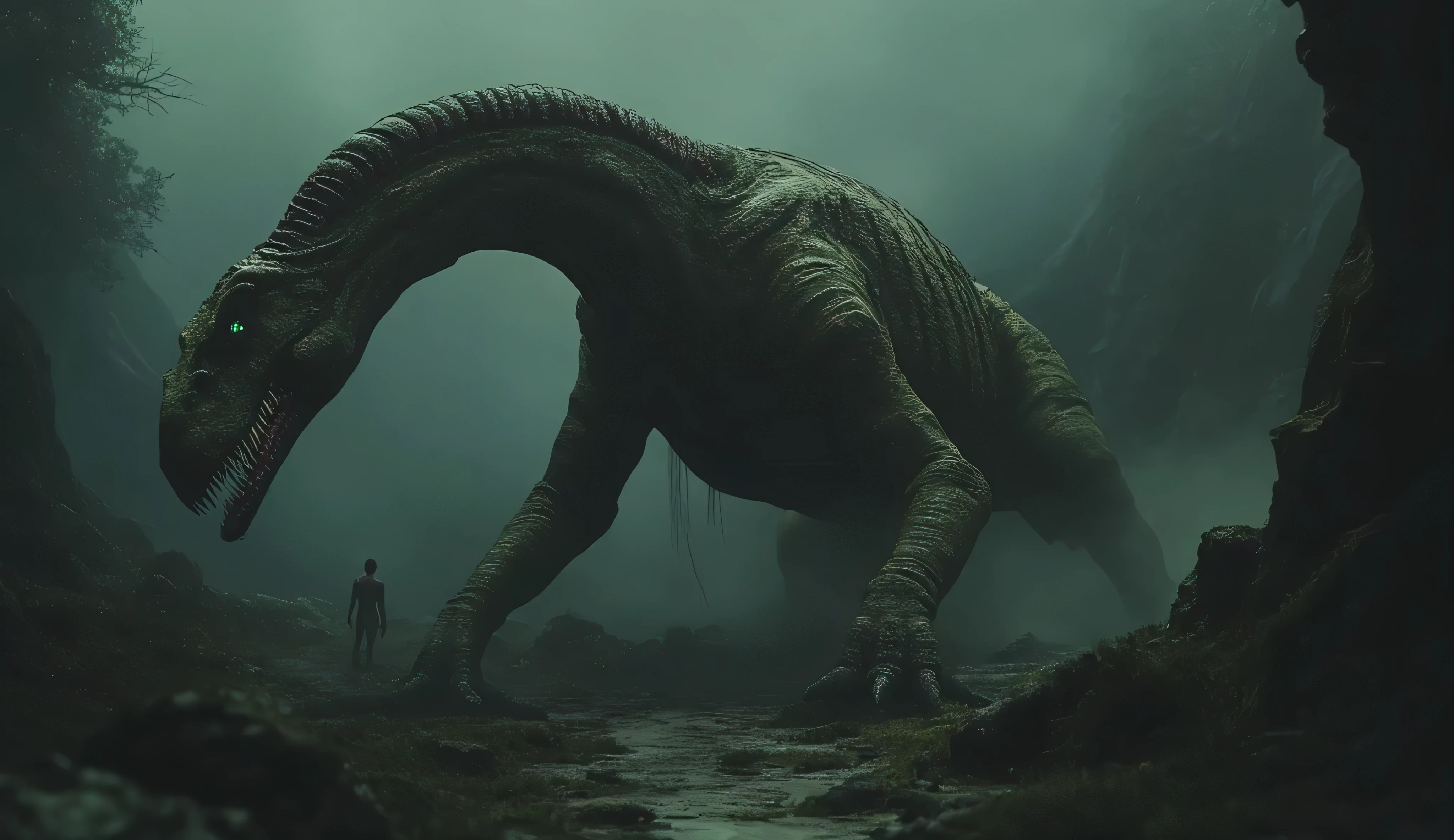 A work of art. The perfect composition. A terrible monster of antiquity. The diplodocus. The body of the diplodocus is dark green with black stripes. Muscular body. hard muscles. His body is covered with bloody scars. He has a long, strong, thick neck. It stands proudly above the mountains, in the midst of a prehistoric, gloomy jungle. Its mouth is open, revealing sharp fangs. The eyes glow green. Dirty, dim lighting. a lot of dirt. There is black smog in the air. his feet kick up dust in the air. There's a man standing next to me who looks tiny.
