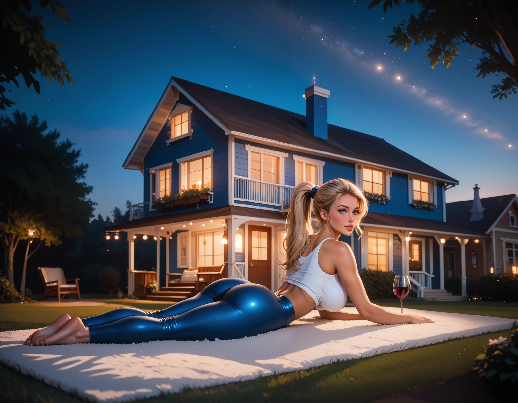 ((gorgeous blonde woman)),(Background: front of blue house)), (((Evening))), Dusk, dusk lighting, ((Blue house)), ((Evening)), (((sitting on front porch))), ((Drinking wine)), big boobs, blue suburban house, ((Ultra-detailed)), (((American style house))), FRONT PORCH, (((Outside House))), (Background: American House), quiet residential street in the background, ((ultra-detailed)), (masterpiece), Highly detailed background, ((sexy comfy blouse)), ((comfy pants))), solo focus, ((HOURGLASS FIGURE)), (((Long Hair))), (((BLONDE HAIR))), (((PONYTAIL))), (((Straight Hair))), best quality, ((long straight hair in ponytail), (ponytail hairstyle), standing, (tanned skin), ((pretty blue eyes)), big breast, fleshy lips, expressive eyes, perfect face, Pretty face, Bombshell body,