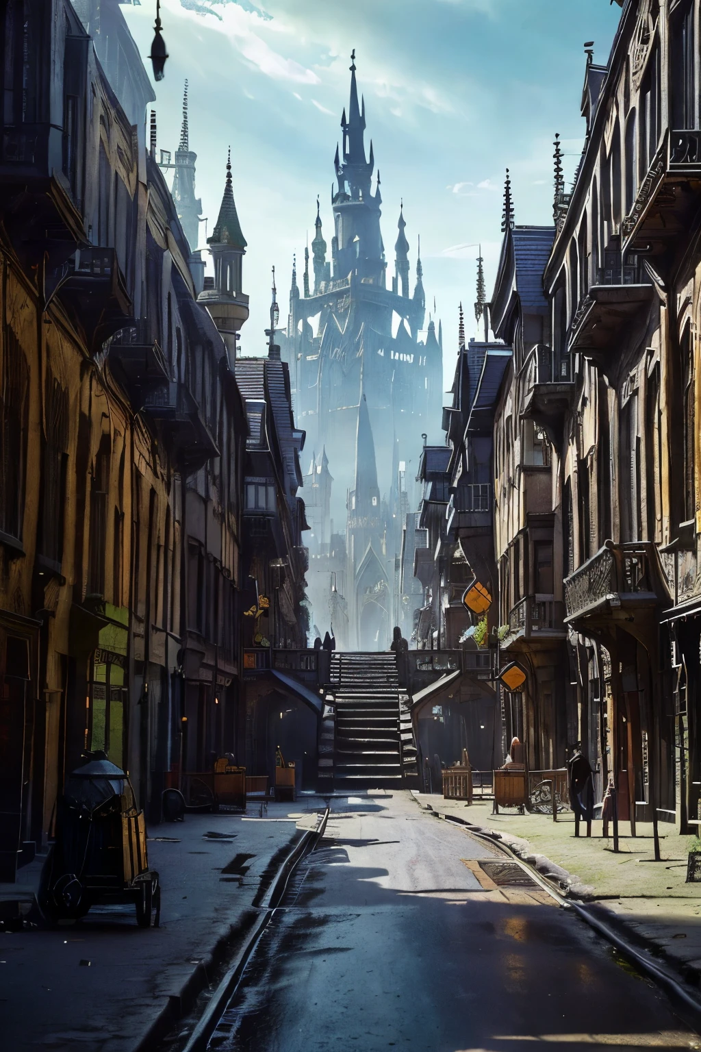 ((best quality)), ((masterpiece)), extremely detailed, delicate texture, aesthetic gothic collection, general term for (gothic architecture, art, fashion, literature, thought, style, and culture), cityscape, background heretical and mysterious light that illuminates the darkness, gothichorrorai, ((victorian era inspired)), ((gothic architecture)), ((street level)), ((pedestrian perspective)), (a street level view of a dense slum like residential district of a gothic city), (the dark underbelly of the city), ((a mixture of rickety wood building structures and an older more permanent stone city foundation)), ((wooden walkways criss-cross above)), (the buildings rise up out of view), (the street before us is extemely narrow with a trickle of water and sewage runnoff flowing down the centre of the street)