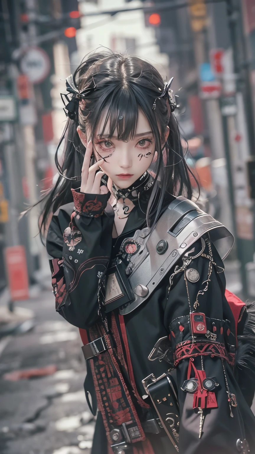 highest quality、8k、masterpiece:1.3、Gothic Punk、The inner color is red、Gray Black Hair、hair ornaments、beautiful girl、creative、Punk Style、Neogoth、Goth Fashion:0.8、High resolution、masterpiece、highest quality、頭w:1.3、((Hasselblad Photos))、Fine skin、Sharp focus、(Cinema Lighting)、shirt, Shoulders out, Modest chest