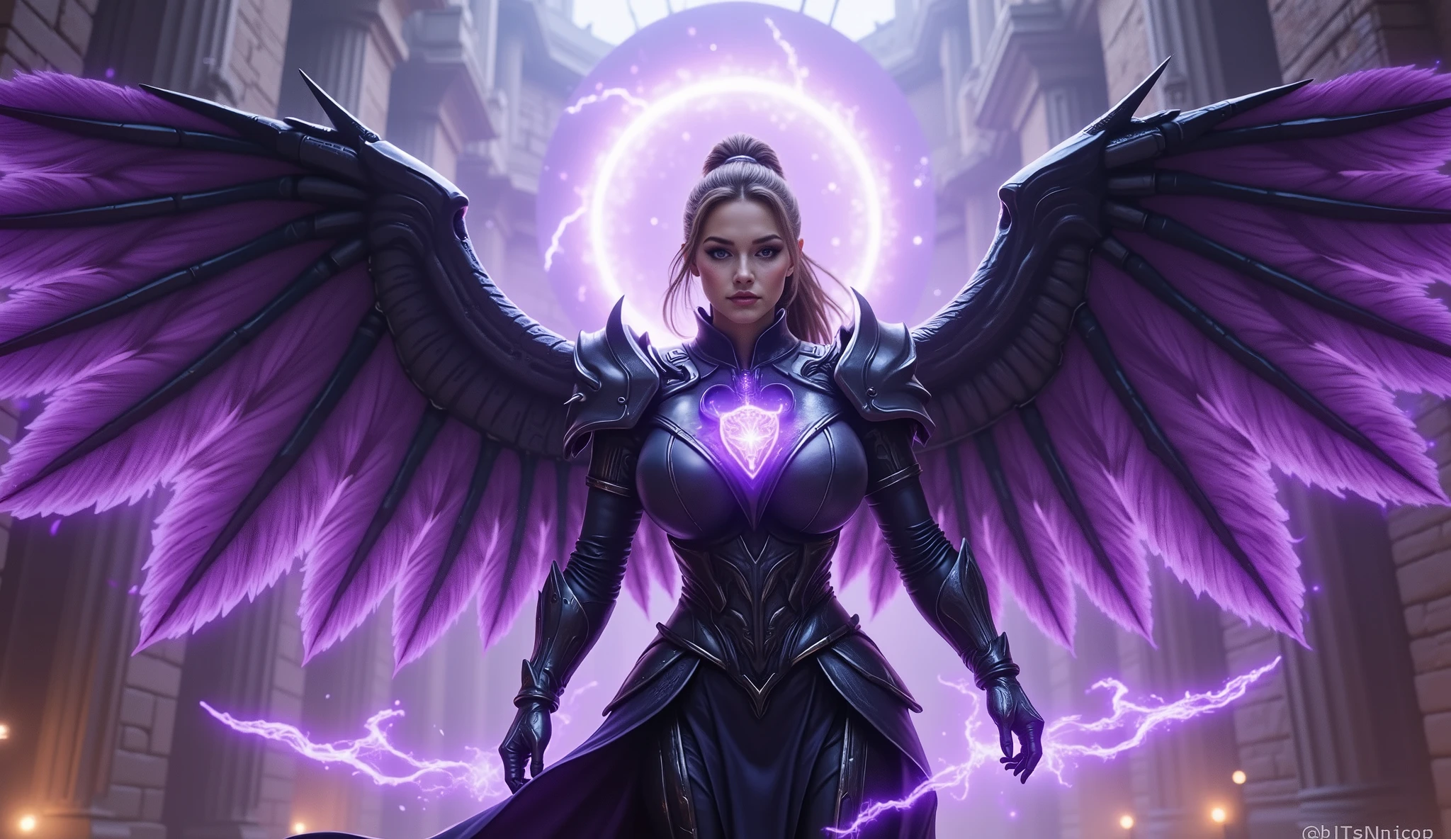 A formidable warrior queen stands at the heart of a colossal fortress, suspended in a dimension beyond time and space. She wears imposing black armor with swirling purple energy encircling her, emanating a dark, powerful aura. Her mechanical wings glow with violet energy, their form shifting as they harness the chaotic power around her. The fortress behind her is massive and ancient, made of onyx stone with glowing runes etched into its surface, surrounded by a swirling vortex of energy that distorts the fabric of reality. The air crackles with cosmic power, and the atmosphere is heavy with the tension of a place that exists outside the known universe. The scene embodies the queen’s dominion over the unknown and her mastery of the forces that govern existence. Cinematic lighting, ultra-detailed, fantasy sci-fi aesthetic, 8K resolution, artstation trending, masterpiece.
