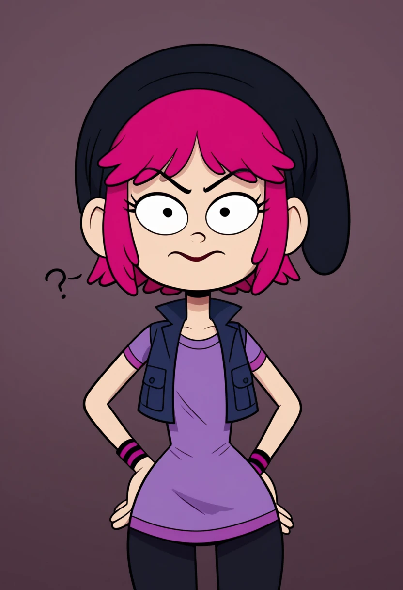 ((bedroom background)),score_9, score_8_up, score_7_up,score_6_up, source_cartoon
1girl, Solo, Pauline_AP, light skin, black eyes, bright pink hair, short hair, black beanie hat, purple t-shirt, pink-black wristbands, sleeveless dark blue vest, tight black pants, black boots, big eyes, social smile, narrow waist, huge hips, huge thighs, big eyes, perfect lips, open eyes, confused expression, cowboyshot, perfect eyes, perfect face, medium stature, looking at viewer,