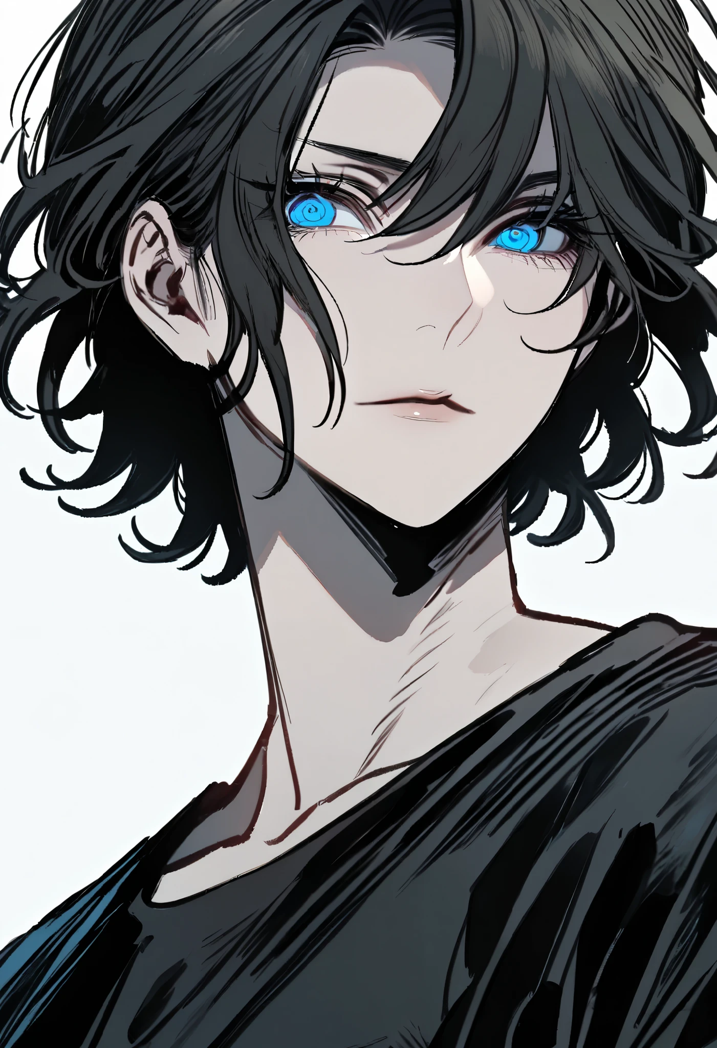 1boy, solo, goddess, tall, toned, black hair, short hair, wavy hair, blue eyes, black t-shirt, upper body, looking at viewer, facing viewer, simple background, white background, perfect eyes, perfect eyelash