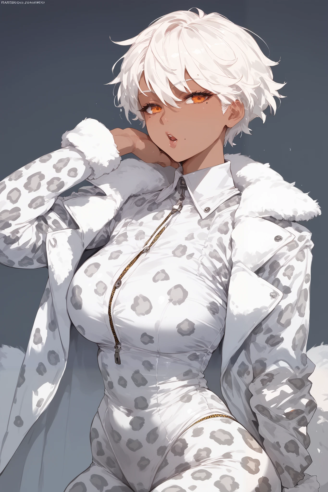 Woman, dark skin,white hair, topknot, Short hair,Mole near the mouth, white leopard print suit, anime style, orange eyes