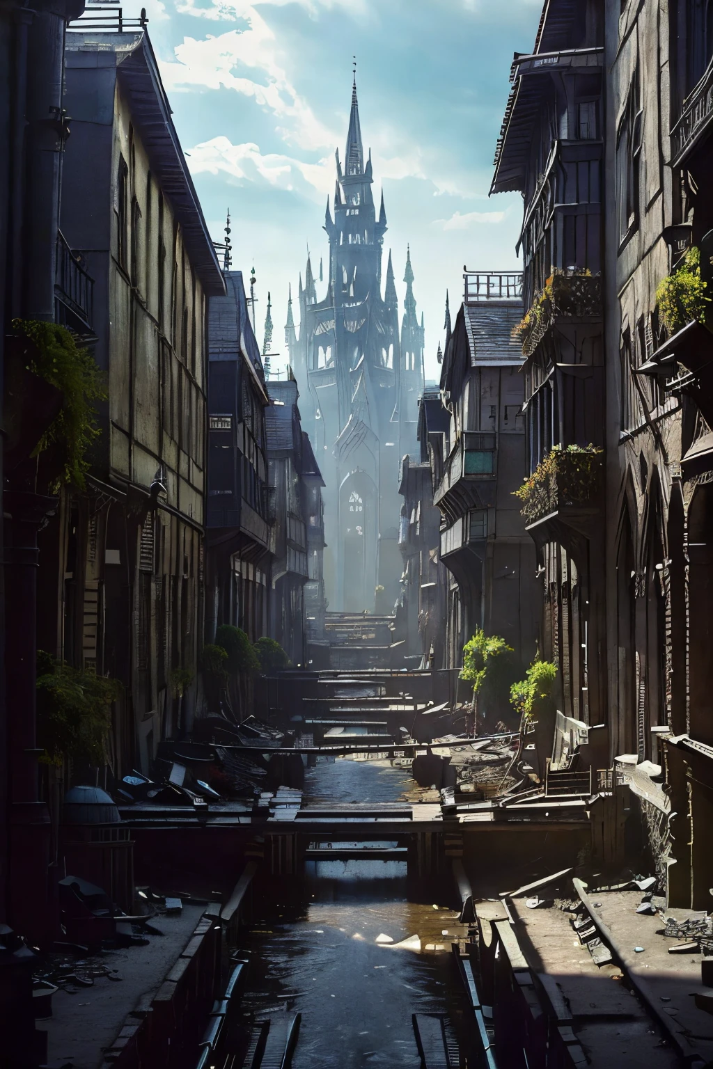((best quality)), ((masterpiece)), extremely detailed, delicate texture, aesthetic gothic collection, general term for (gothic architecture, art, fashion, literature, thought, style, and culture), cityscape, background heretical and mysterious light that illuminates the darkness, gothichorrorai, ((victorian era inspired)), ((gothic architecture)), ((street level)), ((pedestrian perspective)), ((a street level view of a dense slum like residential district of a gothic city)), ((the dark underbelly of the city)), ((a mixture of rickety wood building structures and an older more permanent stone city foundation)), ((wooden walkways criss-cross above)), (the buildings rise up out of view), (the street before us is extemely narrow with a trickle of water and sewage runnoff flowing down the centre of the street)