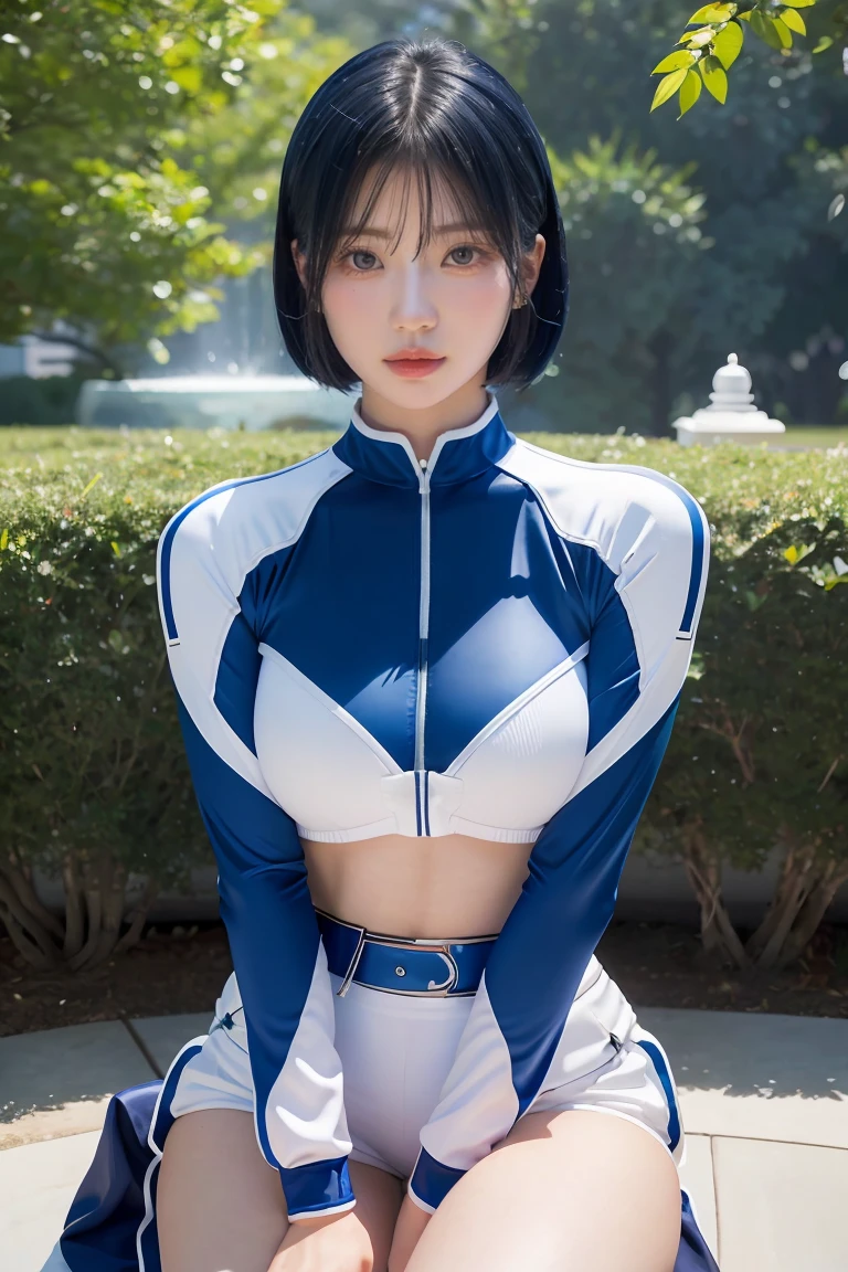 A curvaceous ninja warrior with deep blue hair, dressed in an alluring, skin-tight bodysuit, striking a sultry pose on a misty mountain peak, softporn style.