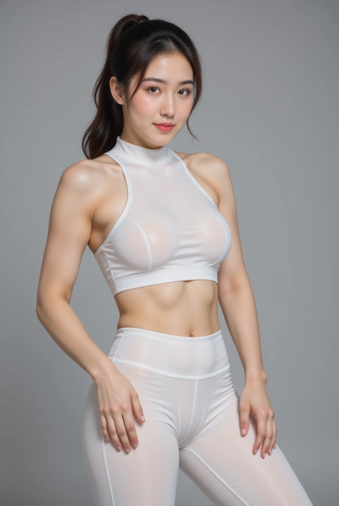 highest quality:1.3, masterpiece, Ultra-high resolution, realistic:1.3, solo:1.3, ((Clear Face)), sidelighting, cowboy shot, (looking at camera:1.3), (white background), (white tanktop, black leggings), standing, arms behind back, (big busts), smile, long hair