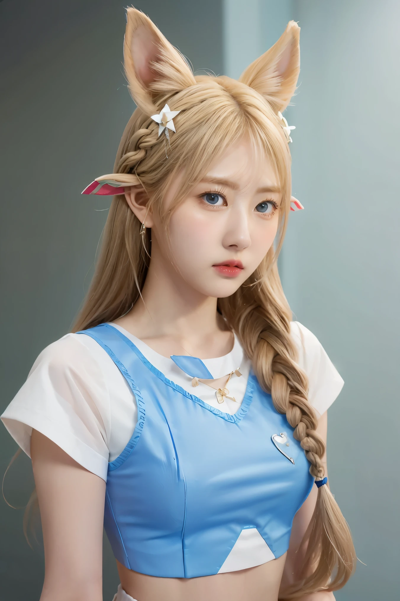 1girl, blonde hair, pointy ears, blue eyes, clothes lift, solo, hair ornament, hairclip, long hair, shirt lift, braid, looking at viewer, lips, lifted by self, horse, upper body, navel, day,white shirt,