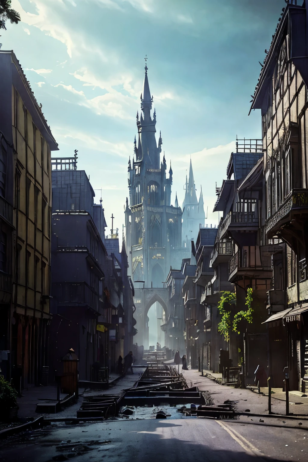 ((best quality)), ((masterpiece)), extremely detailed, delicate texture, aesthetic gothic collection, general term for (gothic architecture, art, fashion, literature, thought, style, and culture), cityscape, background heretical and mysterious light that illuminates the darkness, gothichorrorai, ((victorian era inspired)), ((gothic architecture)), ((street level)), ((pedestrian perspective)), ((a street level view of a dense slum like residential district of a gothic city)), ((the dark underbelly of the city)), ((the city proper looms over like a canopy)), ((a mixture of rickety wood building structures and an older more permanent stone city foundation)), ((wooden walkways criss-cross above)), (the buildings rise up out of view), (the street before us is extemely narrow with a trickle of water and sewage runnoff flowing down the centre of the street)