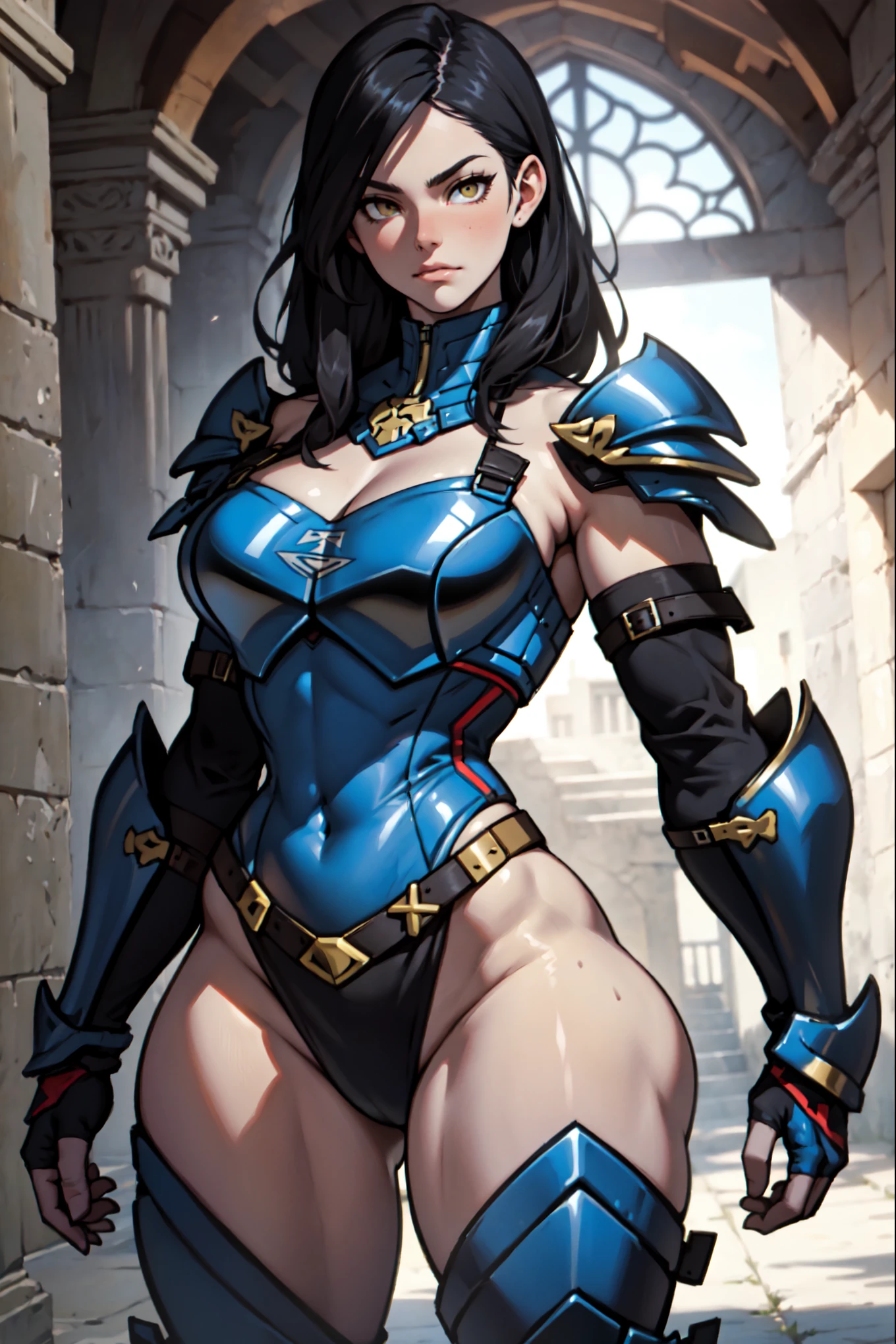 (Thynasha:1.2),dark blue hair,very long hair, purple eyes,(beautiful detailed eyes:1.0), extremely detailed face, perfect lighting, hair between eyes,bangs, (black beret, black jacket, open clothes, cleavage, midriff, black medium skirts, black thighhighs, thigh strap, fingerless gloves, single glove:1.2), Photo,sharpness, F1.6 lens,hyper-realistic textures,spectacular light textures, Cinestil 800 Fashion Mechanics,(((Beautiful woman with left leg restrained by chains))),Appearance,Beautiful girl with accentuated slender abs: 1.1,six-pack abs: 1.1, Bust Botox,Standing on tiptoe, long legs,Long brown hair fluttering in the wind,Brown hair, Long hair, Female Warrior Costume,(No panties,No bra),(tacticul battle fashion,elbow and knee tacticul battle fashion, battle glove: 1.1),((cute batre costume)),The belly comes out and the navel is visible,Thin sheer costume, combat gloves,shredded costumes,cyber long combat boots with golden knee pads,Anatomical,(futuristic sci-fi battle fashion, new elbow and knee cyberpads, new cyberlong boots, new cybergloves: 1.1),(tied perfectly by iron chain:1.3), Restraint, Slave, collars, contempt, (Chained), 4 chains hung from heaven, Metallic shackles and fetters, wet crotch clearly visible,((Hands are restrained above the head)), the neck is chained,Chain from left knee to heaven,Chained by rusty iron chains,((the tip is protruding, areolas protruding,The shape of the pubic harearea is clearly visible:0.9)),Sweating,Wet,Wet crotch,Wet thighs,Junkyard, Realistic, (cute, perfect clothes, skimpy clothes, cute: 1.3) ,Vast miritary base in us,((wide mirtary hospital with summer sunlight)), peeling ceilings, Rebar between, Realistic material details, Extreme details, Ultra-realistic materials,narrow waist,(with sparkling eyes and a contagious smile:0.9),looking at viewer,
