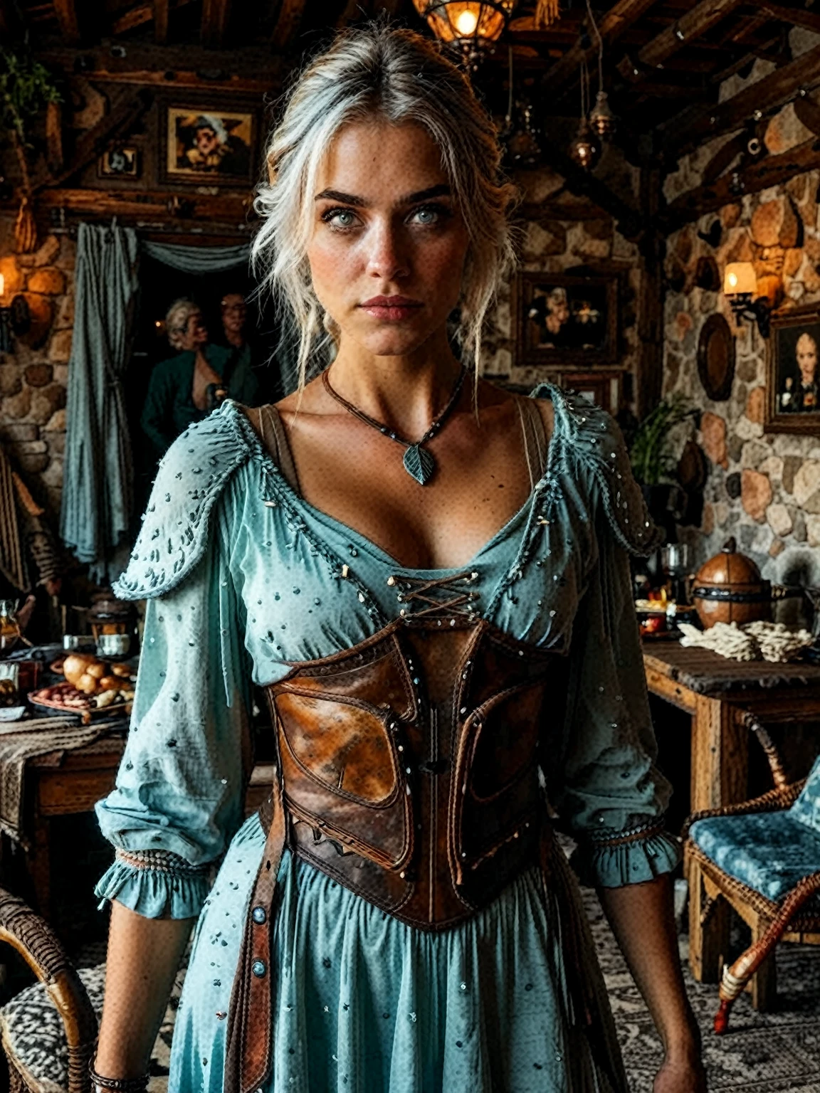 Blonde woman in a corset standing on a dock at the water's edge, cinematic outfit photo, Em Red Dead Redemption 2, Tiro com Canon 5 D Mark II, Tirado com Canon 5D MK4, photo taken with Sony a7R camera, protagonista feminina, Ciri de The Witcher, como um personagem de gtav, Foto tirada com Canon 5D
