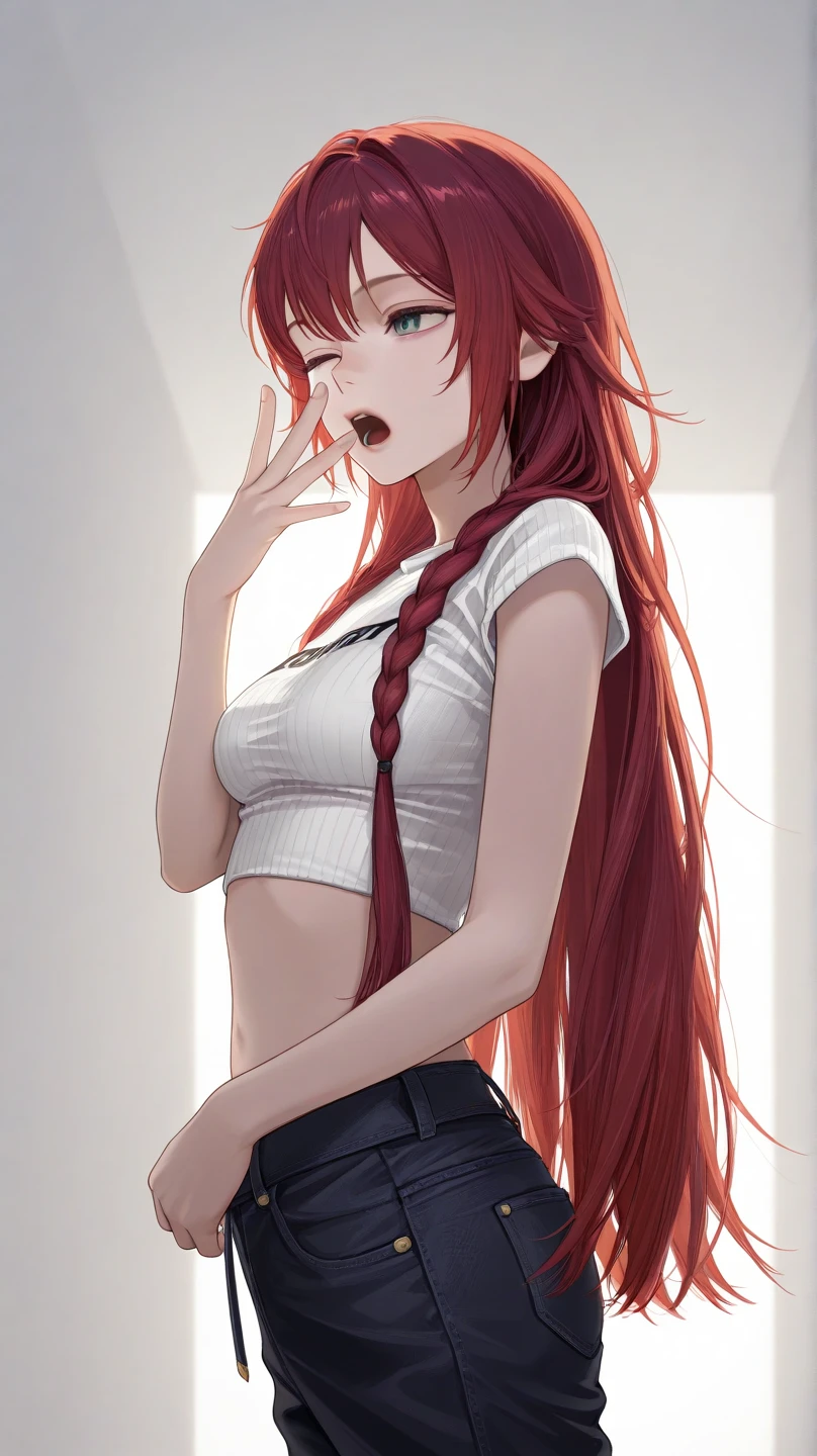 short, redheadwear, very long and straight hair, eyes browns, big-ass, Small breasts, wearing very short shorts and a shirt that reaches her breasts.