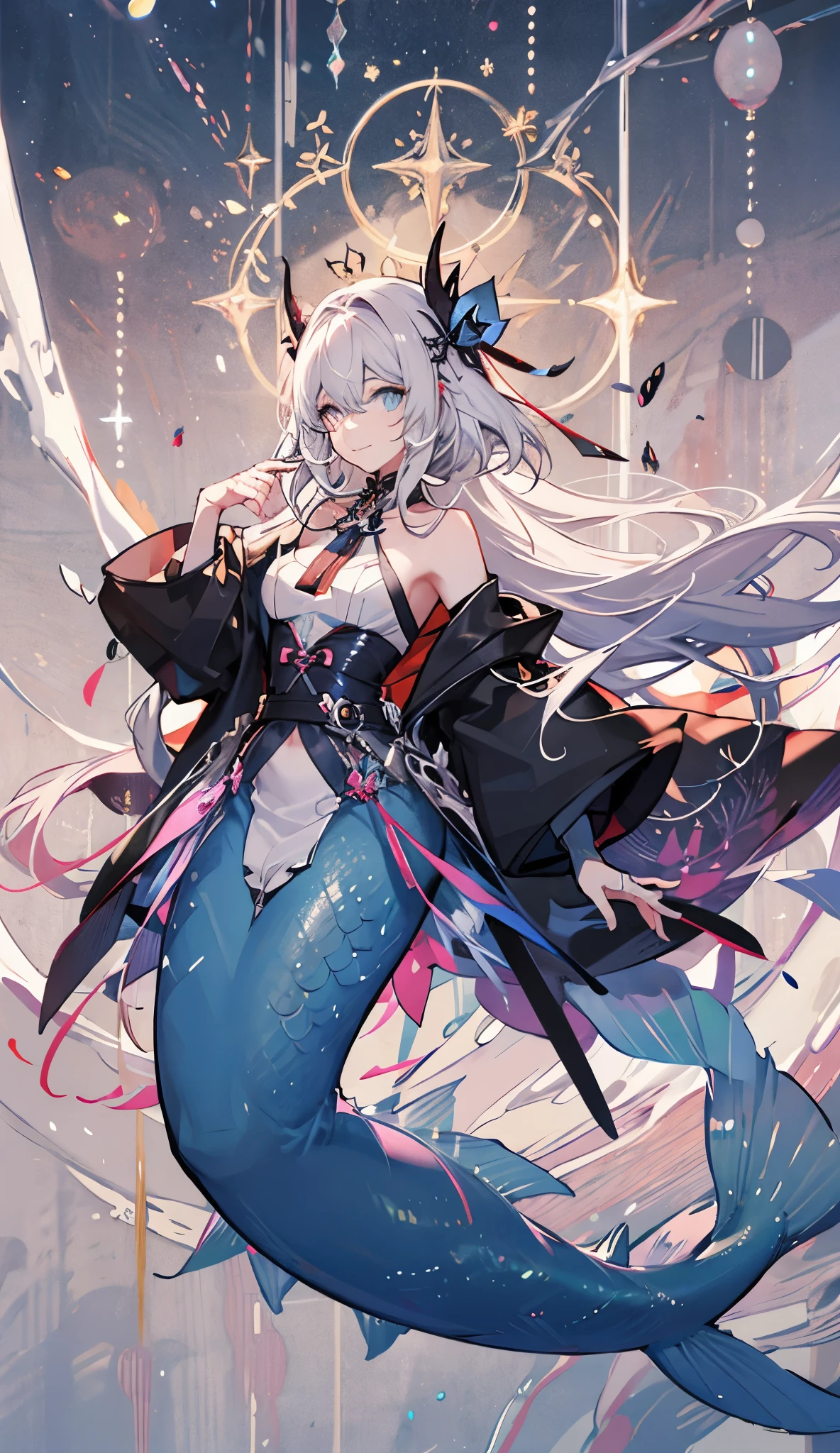 (extremely delicate and beautiful:1.2), uma Mermaid, 1girl mermaid, fashi-girl, bangs, blue eyes, blurry, blurry background, em baixo dagua, dentro do mar, light hair, closed mouth, sorriso de lado, from side, hair between eyes, hair bow, light particles adentradndo o mar, long sleeves, looking at viewer, medium hair, night, ((((cores em tom branco e preto, onde apenas os olhos são de cor diferente)))), solo, star \(symbol\), full body