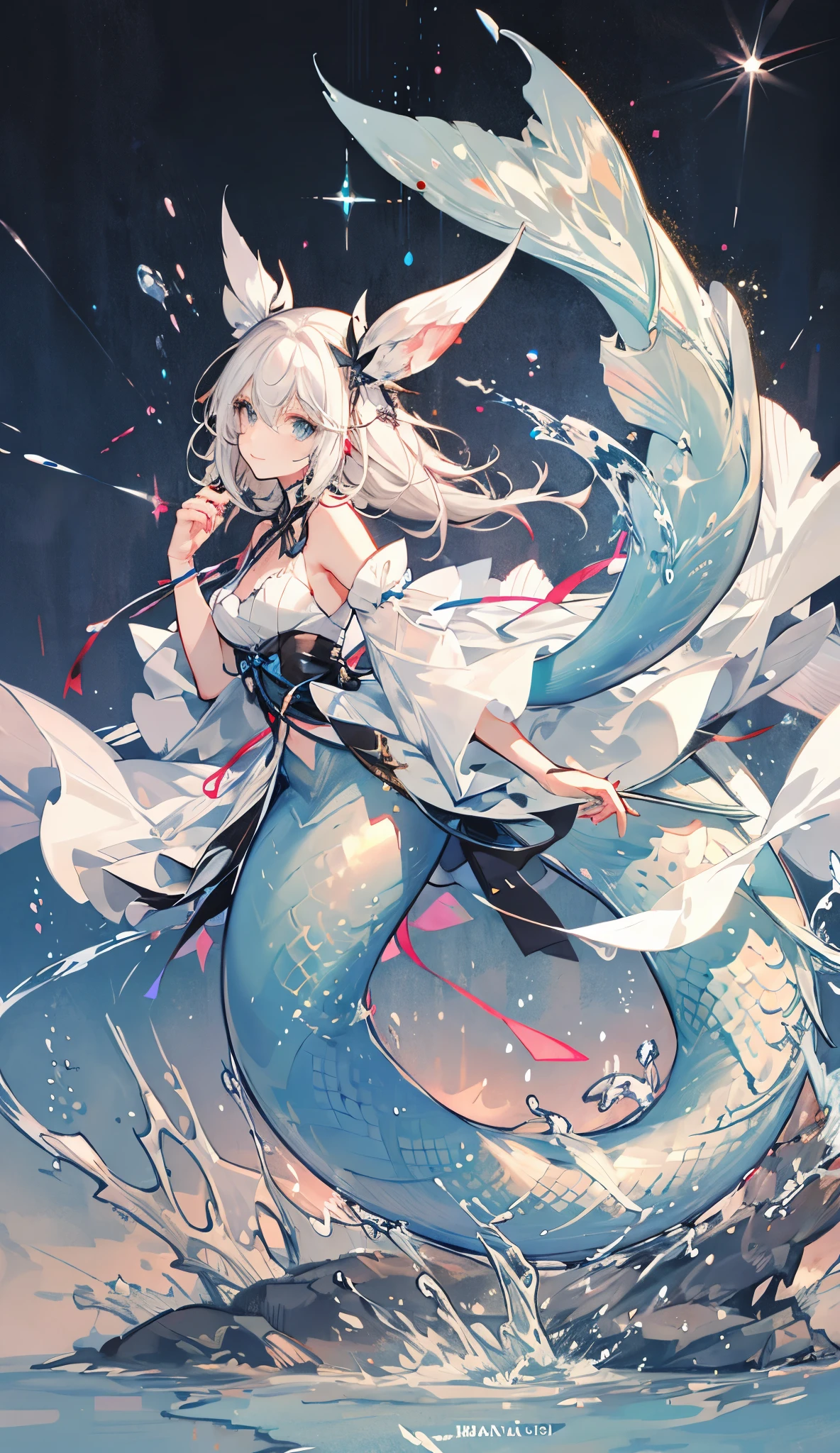 (extremely delicate and beautiful:1.2), uma Mermaid, 1girl mermaid, fashi-girl, bangs, blue eyes, blurry, blurry background, em baixo dagua, dentro do mar, light hair, closed mouth, sorriso de lado, from side, hair between eyes, hair bow, light particles adentradndo o mar, long sleeves, looking at viewer, medium hair, night, ((((cores em tom branco e preto, onde apenas os olhos são de cor diferente)))), solo, star \(symbol\), full body