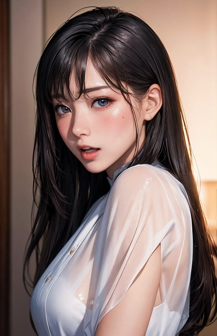 tmasterpiece,best qualtiy,(Dark photograph:1.3),realisticlying,1girl,flat bangs,stunning innocent symmetry face,The shirt,Emotional,Full breasts,ulzzang,(PureErosFace_V1:0.7)