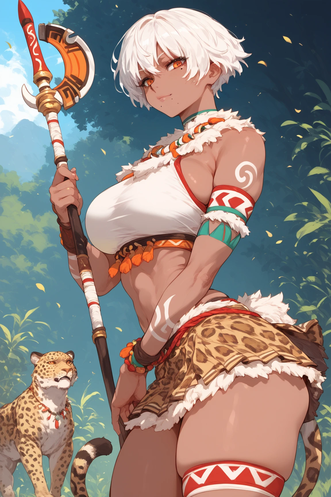 (hi reasterpiece)) , ((best quality)), illustration, furry, ((white tiger)), 1girl, armband, bracelet, breasts, feathers, forest,hairband, jewelry, looking_at_viewer, medium_breasts, merukizedeku, midriff, nature, navel, necklace, open_mouth, sandals, shin_sangoku_musou, solo, tribal, upper body, short hair, two-tone hair, claw pose,