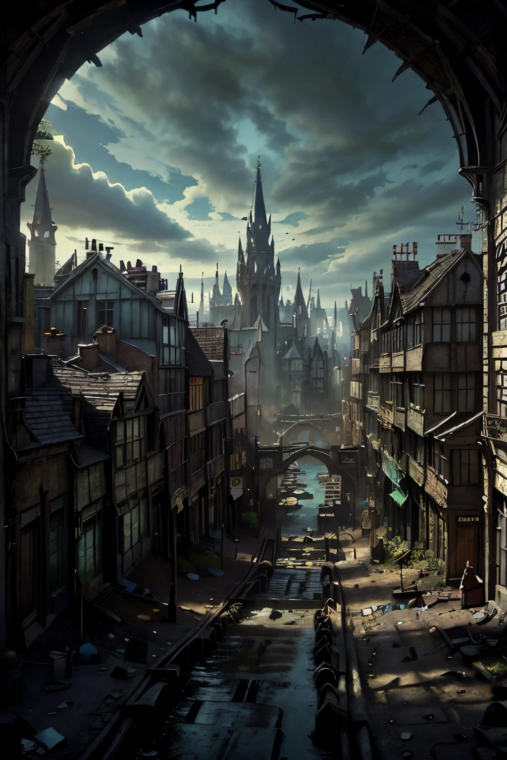 ((best quality)), ((masterpiece)), extremely detailed, delicate texture, aesthetic gothic collection, general term for (gothic architecture, art, fashion, literature, thought, style, and culture), cityscape, background heretical and mysterious light that illuminates the darkness, gothichorrorai, ((victorian era inspired)), ((gothic architecture)), ((street level)), ((pedestrian perspective)), ((a street level view of a dense slum like residential district of a gothic city)), ((the dark underbelly of the city)), ((the city proper rises and looms over like a canopy)), ((a mixture of rickety wood building structures and an older more permanent stone city foundation)), ((wooden walkways criss-cross above)), (the buildings rise up out of view), (the street before us is extemely narrow with a trickle of water and sewage runnoff flowing down the centre of the street)