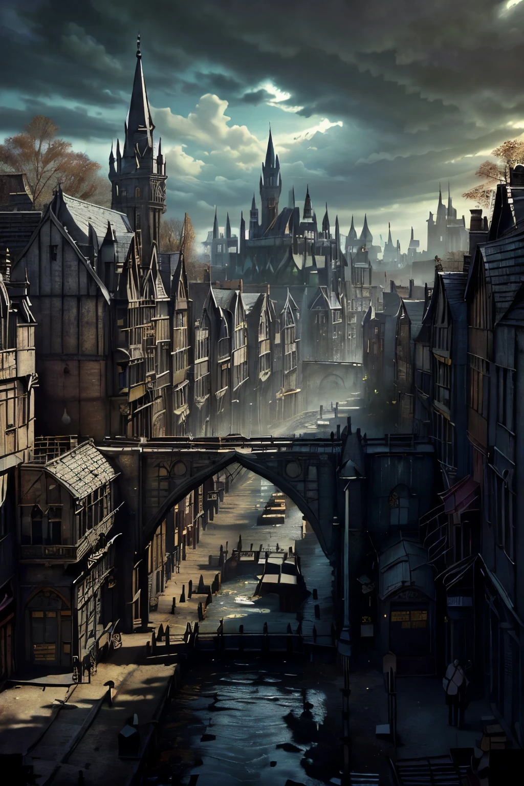((best quality)), ((masterpiece)), extremely detailed, delicate texture, aesthetic gothic collection, general term for (gothic architecture, art, fashion, literature, thought, style, and culture), cityscape, background heretical and mysterious light that illuminates the darkness, gothichorrorai, ((victorian era inspired)), ((gothic architecture)), ((street level)), ((pedestrian perspective)), ((a street level view of a dense slum like residential district of a gothic city)), ((the dark underbelly of the city)), ((the city proper rises and looms over like a canopy)), ((a mixture of rickety wood building structures and an older more permanent stone city foundation)), ((wooden walkways criss-cross above)), (the buildings rise up out of view), (the street before us is extemely narrow with a trickle of water and sewage runnoff flowing down the centre of the street)