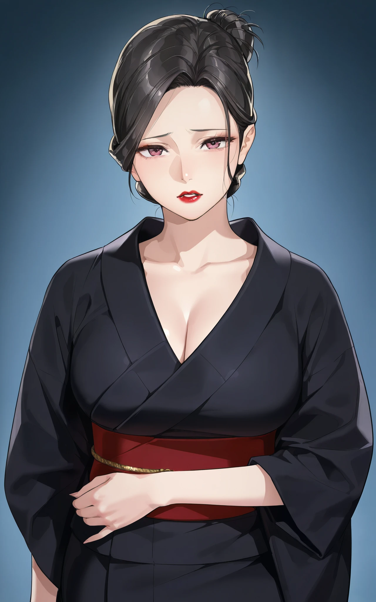 a mature woman standing in ((black kimono)) with white aporon ,((folded hair bun)) in black color, ((red lips)), standing straight loking at viewer directly , ((front view)) fear expression