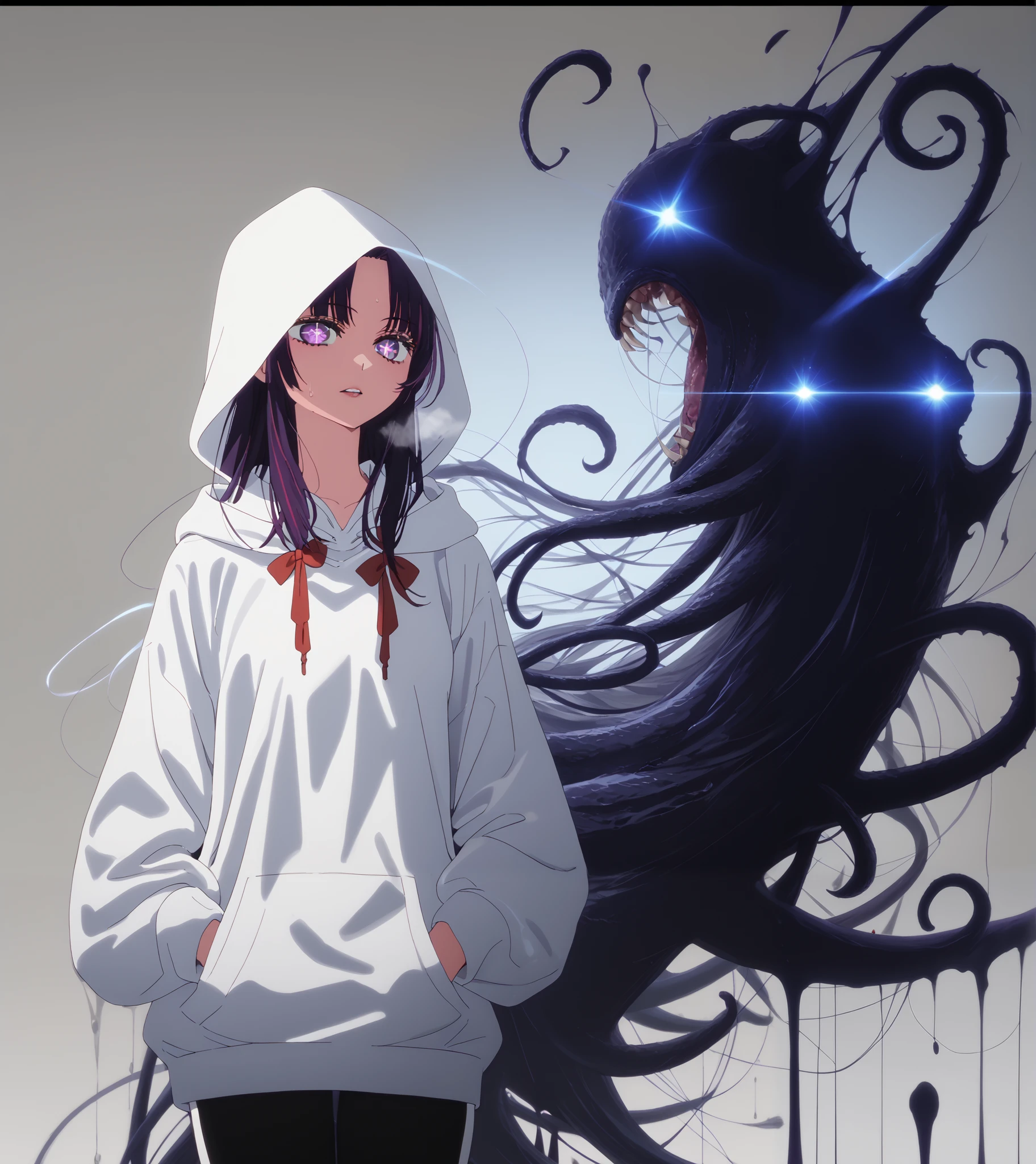 takahiro style, score_9, score_8_up, score_7_up, score_6_up, uncensored, SHIKOKU_(MATO_SEIHEI_NO_SLAVE), purple hair, purple eyes, slit pupils, long hair, hair bow, red bow, ((parted bangs)), ribbon trim, ((half updo hair)), straight hair, medium breasts, bright pupils, anime coloring, anime screencap, (voluptuous:1.3), (thick:1.3), BREAK UHD, retina, masterpiece, accurate, anatomically correct, textured skin, super detail, high details, high quality, award winning, best quality, highres, 4K, excessive sweating, sweating, sweating drop, (gasping, heavy breathing:1.3), (skindentation:1.2), perfect eyes, beautiful eyes, eyelashes, makeup, detailed body, perfect body, BREAK, (aura:1.4), hood, 1girl, hoodie, hands_in_pockets, hood_up, eldritch_abomination, teeth, cowboy_shot, ((monster)), solo, shorts, long_sleeves, standing, grey_background, parted_lips, gradient, white_hoodie, gradient_background