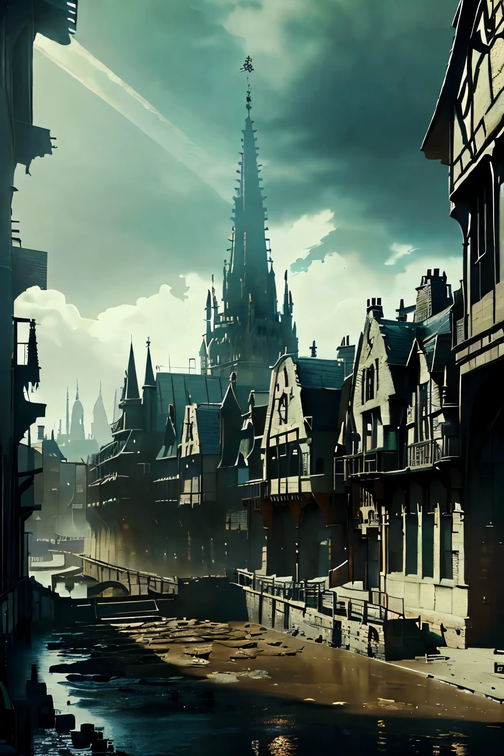 ((best quality)), ((masterpiece)), extremely detailed, delicate texture, aesthetic gothic collection, general term for (gothic architecture, art, fashion, literature, thought, style, and culture), cityscape, background heretical and mysterious light that illuminates the darkness, gothichorrorai, ((victorian era inspired)), ((gothic architecture)), ((street level)), ((pedestrian perspective)), ((a street level view of a dense slum like residential district of a gothic city)), ((the dark underbelly of the city)), ((the city proper rises and looms over like a canopy)), ((a mixture of rickety wood building structures and an older more permanent stone city foundation)), ((wooden walkways criss-cross above)), (the buildings rise up out of view), (the street before us is extemely narrow with a trickle of water and sewage runnoff flowing down the centre of the street)