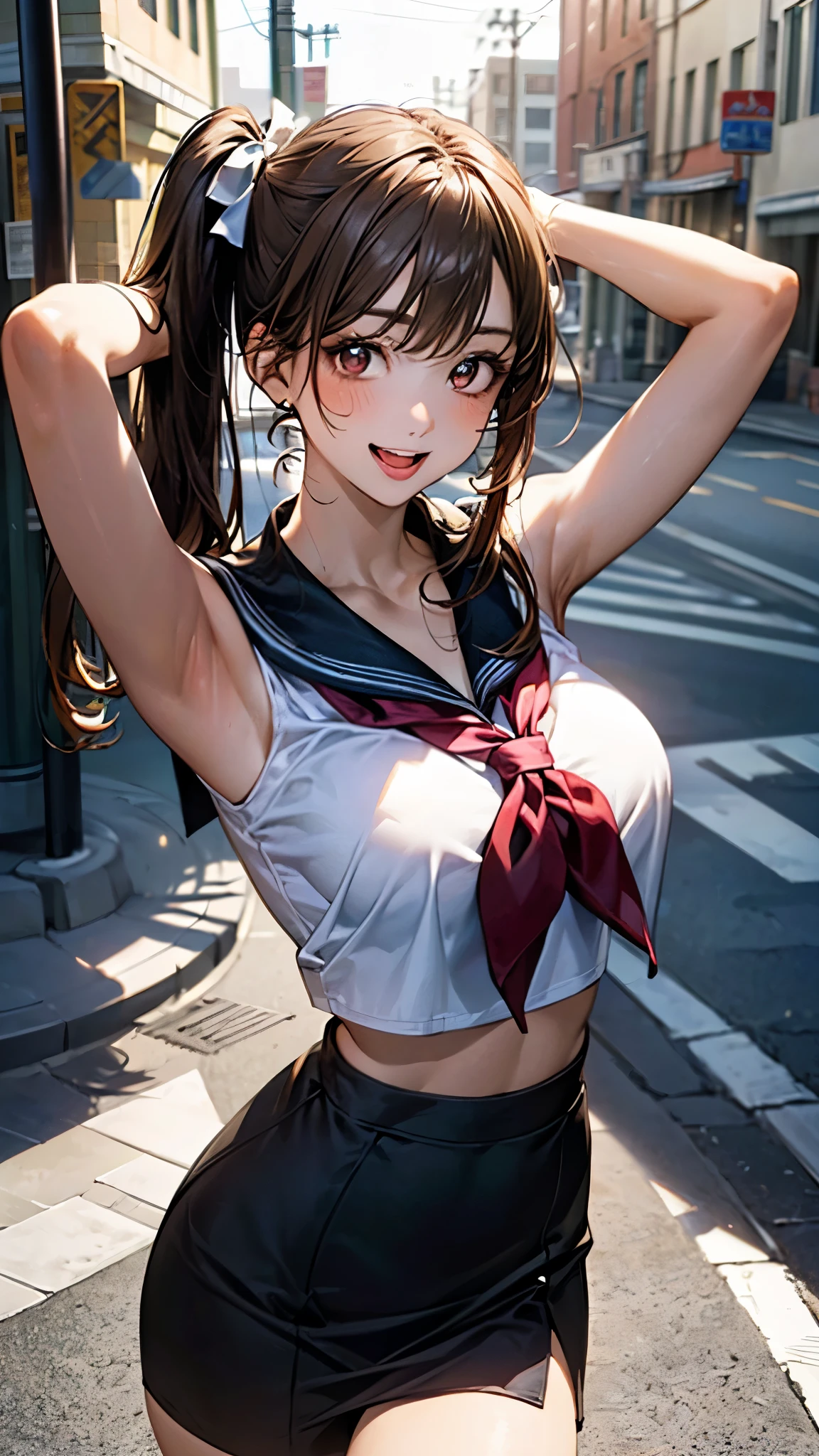 ​masterpiece, top-quality, the Extremely Detailed CG Unity 8K Wallpapers, Ultra-realistic 8kCG, erfect artwork, The perfect female figure, Dramatic shadows, (spot light, Perfect litthing, Detailed light, (((1girl in))), ((Sharp face)), ((Brown hair, waved hair)), (((sexypose))), Model body type, Navel is visible, large full breasts, ((cute  face)), (gently smiling: 1.2), (asymmetrical bangs, beautiful eyelashes), 美丽的面容, (beautiful chest line:1.2), (cleavage), beautiful a girl, Exquisite facial features depicting the perfect face, Cold, Naturally beautiful, Sweating, slenderbody, Light and beautiful thigh expression, hi-school girl, high-school uniform, a sailor suit, pleatedskirt, Loose Socks, In front of a wall full of graffiti, Night, (((Leaning on the wall, is standing))), awardwinning photo, detaile, realistic light and shadow, 8K分辨率, Professional Lighting, (glistning skin:0.9), perfect hand,