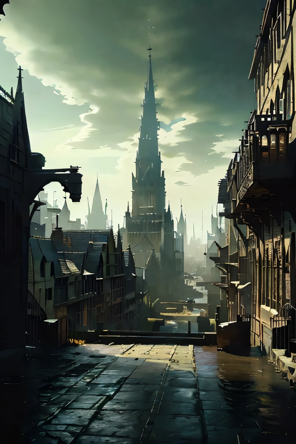 ((best quality)), ((masterpiece)), extremely detailed, delicate texture, aesthetic gothic collection, general term for (gothic architecture, art, fashion, literature, thought, style, and culture), cityscape, background heretical and mysterious light that illuminates the darkness, gothichorrorai, ((victorian era inspired)), ((gothic architecture)), ((street level)), ((pedestrian perspective)), ((a street level view of a dense slum like residential district of a gothic city)), ((the dark underbelly of the city)), ((the city proper rises and looms over like a canopy)), ((a mixture of rickety wood building structures and an older more permanent stone city foundation)), ((wooden walkways criss-cross above)), (the buildings rise up out of view), (the street before us is extemely narrow with a trickle of water and sewage runnoff flowing down the centre of the street)