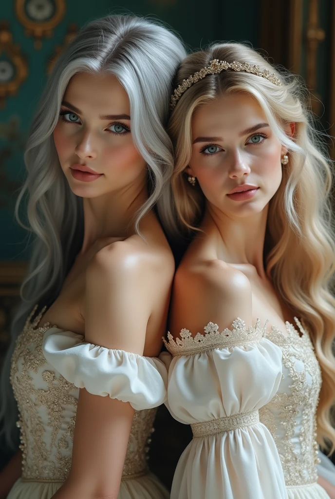 identical blonde octuplets, in a fancy room, victorian style, hugging the girl next to her, kissing each other in the mouth, some of them are in the background filling the entire space of the room, looking at themselves, looking to big sized mirrors on the wall, reflections of them in the mirror with mirror images of them and looking at them, some of them playing with each other, smiling, symmetrical body, full body, entire body, realistic, 22 years old, large-breasted, wearing nothing, muscular and athletic bodies, showing legs and thighs, showing knees, beautiful face, sunlight, cinematic light, perfect eyes, perfect anatomy, very cute, centered image, life size, 8k resolution, human hands, wonderful, elegant, approaching perfection, dynamic, highly detailed, smooth, stunningly beautiful girls, detailed hairstyle, hand with five fingers, body with two arms, body with two legs, bodies with same height, same color hair, straight hair, ((light blonde hair)), raw, 8k, looking at themselves, body in the background with torso and legs, wide angle shot, dynamic angle,
