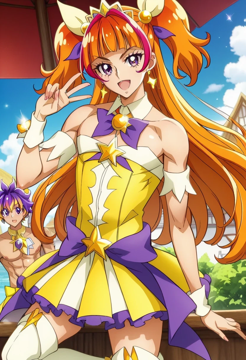 score 9 、score 8 up、score 7 up、 Masterpiece、 top quality、 high resolution、anime coloring、1boy 、cure twinkle、(male:1.6)、 Cartoon Images of Men Wearing Dresses 、Alone、 long hair、 orange hair、low tied long hair、multicolored hair、 Hair、two tone hair、streaked hair、blunt bangs、high twin cone hair bun、low two side up hair、 high definition artwork 、 Sparkling Magical Boy 、 official art、 cool boy、Anime Prince、 official artワーク、 dress up darling anime 、 Orange and Yellow Dress 、 fleshy male 、 Official Anime Artwork 、beefcake taste、purple bow、yellow bow、Jewelry brooch 、 V line around waist 、Bare Arms、Bare shoulders、wrist cuffs、pectoralis major、biceps、triceps、deltoids、thigh muscles、purple frills under yellow mini skirt、 strapless dress 、Maho Boy 、sexy boy、cool boy、adult boy、 white thigh-high boots、 fanart、cure twinkle costume、 beautiful、Alone focus、looking at viewer、 male focus、 cowboy shot、(male body:1.6)、beefcake style、(manly face:1.55)、