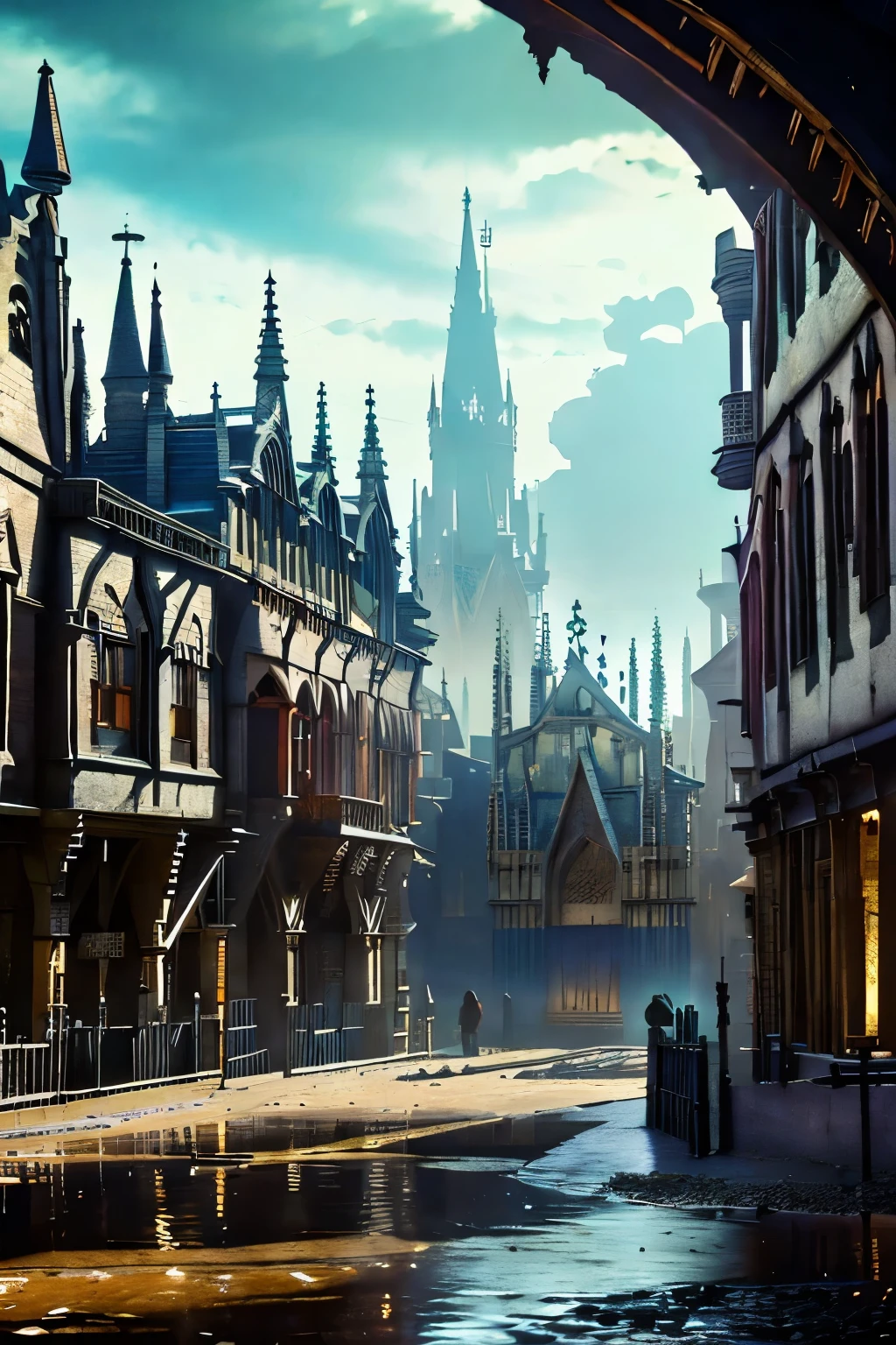 ((best quality)), ((masterpiece)), extremely detailed, delicate texture, aesthetic gothic collection, general term for (gothic architecture, art, fashion, literature, thought, style, and culture), cityscape, background heretical and mysterious light that illuminates the darkness, gothichorrorai, ((victorian era inspired)), ((gothic architecture)), ((street level)), ((pedestrian perspective)), ((a street level view of a dense slum like residential district of a gothic city)), ((the dark underbelly of the city)), ((the city proper rises and looms over like a canopy)), ((a mixture of rickety wood building structures and an older more permanent stone city foundation)), ((wooden walkways criss-cross above)), (the buildings rise up out of view), (the street before us is extemely narrow with a trickle of water and sewage runnoff flowing down the centre of the street)