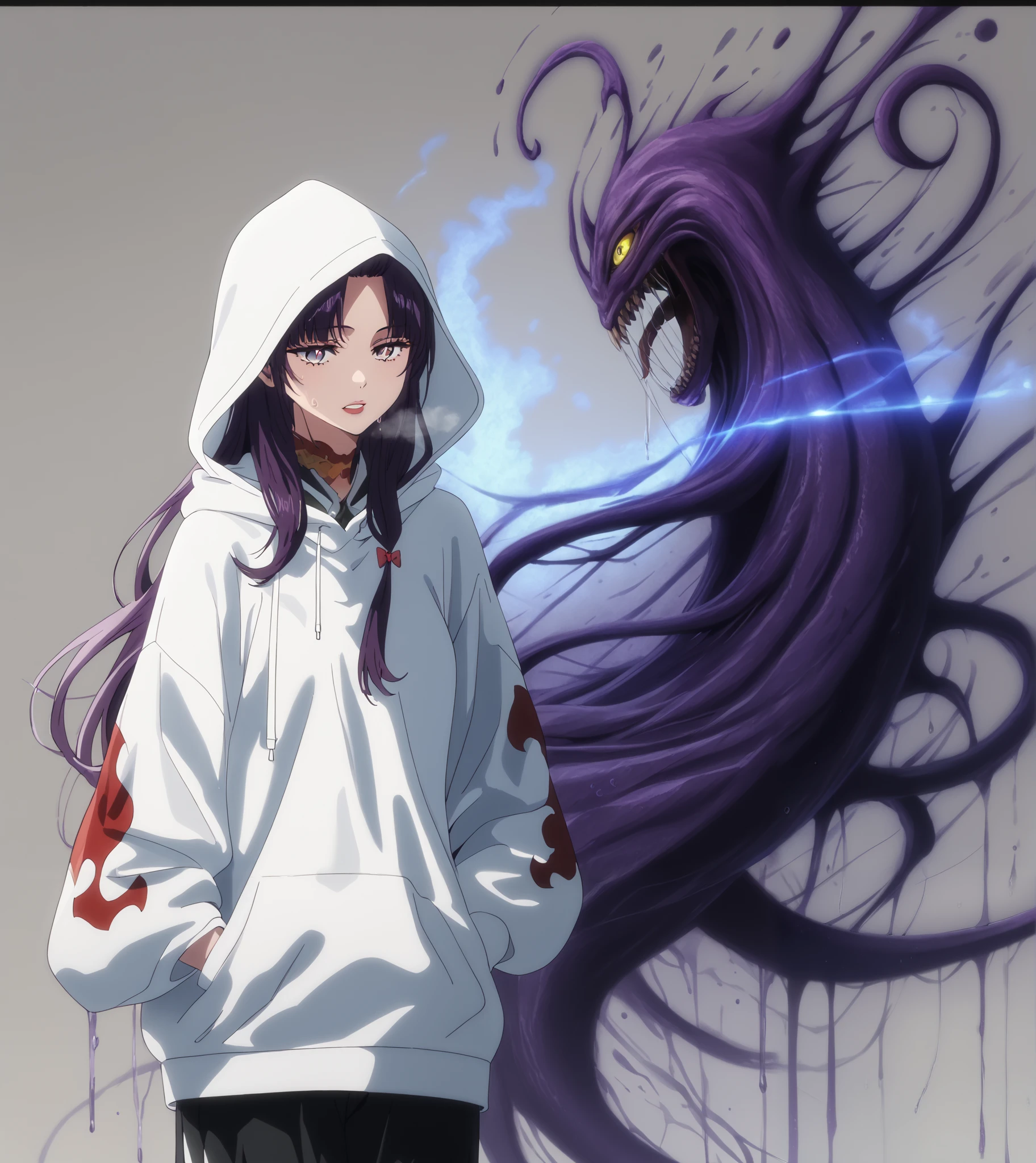 takahiro style, score_9, score_8_up, score_7_up, score_6_up, uncensored, SHIKOKU_(MATO_SEIHEI_NO_SLAVE), purple hair, purple eyes, slit pupils, long hair, hair bow, red bow, ((parted bangs)), ribbon trim, ((half updo hair)), straight hair, medium breasts, bright pupils, anime coloring, anime screencap, (voluptuous:1.3), (thick:1.3), BREAK UHD, retina, masterpiece, accurate, anatomically correct, textured skin, super detail, high details, high quality, award winning, best quality, highres, 4K, excessive sweating, sweating, sweating drop, (gasping, heavy breathing:1.3), (skindentation:1.2), perfect eyes, beautiful eyes, eyelashes, makeup, detailed body, perfect body, BREAK, (aura:1.4), hood, 1girl, hoodie, hands_in_pockets, hood_up, eldritch_abomination, teeth, cowboy_shot, ((monster)), solo, shorts, long_sleeves, standing, grey_background, parted_lips, gradient, white_hoodie, gradient_background