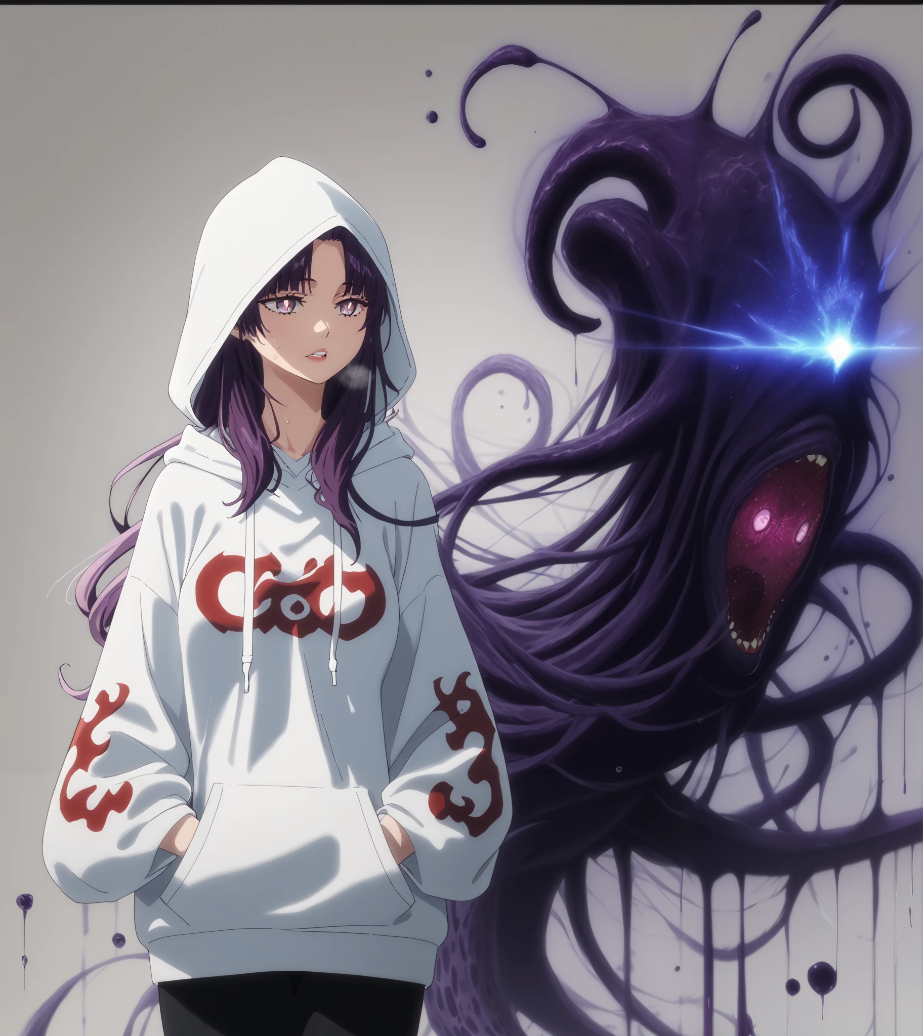 takahiro style, score_9, score_8_up, score_7_up, score_6_up, uncensored, SHIKOKU_(MATO_SEIHEI_NO_SLAVE), purple hair, purple eyes, slit pupils, long hair, hair bow, red bow, ((parted bangs)), ribbon trim, ((half updo hair)), straight hair, medium breasts, bright pupils, anime coloring, anime screencap, (voluptuous:1.3), (thick:1.3), BREAK UHD, retina, masterpiece, accurate, anatomically correct, textured skin, super detail, high details, high quality, award winning, best quality, highres, 4K, excessive sweating, sweating, sweating drop, (gasping, heavy breathing:1.3), (skindentation:1.2), perfect eyes, beautiful eyes, eyelashes, makeup, detailed body, perfect body, BREAK, (aura:1.4), hood, 1girl, hoodie, hands_in_pockets, hood_up, eldritch_abomination, teeth, cowboy_shot, ((monster)), solo, shorts, long_sleeves, standing, grey_background, parted_lips, gradient, white_hoodie, gradient_background