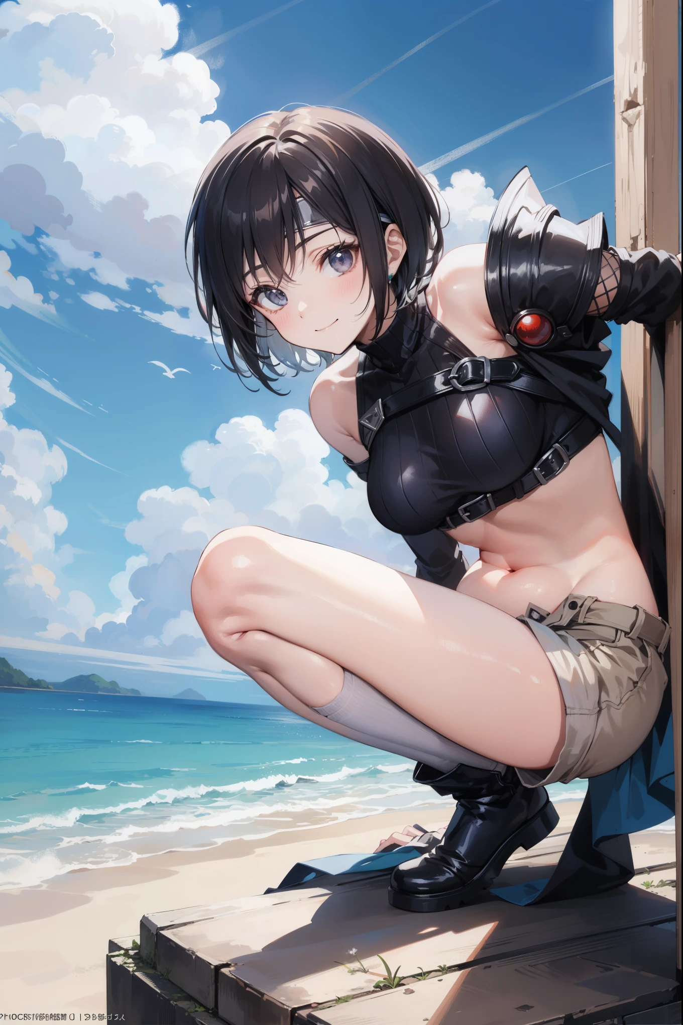 (masterpiece, best quality:1.2),illustration,8k,hd, Tenryuu(kan), 1girl,solo, black hair,short hair, black hair ,headgear, eyepatch, nude, nipples, pussy, pubic hair, mecha, outdoors, ocean,