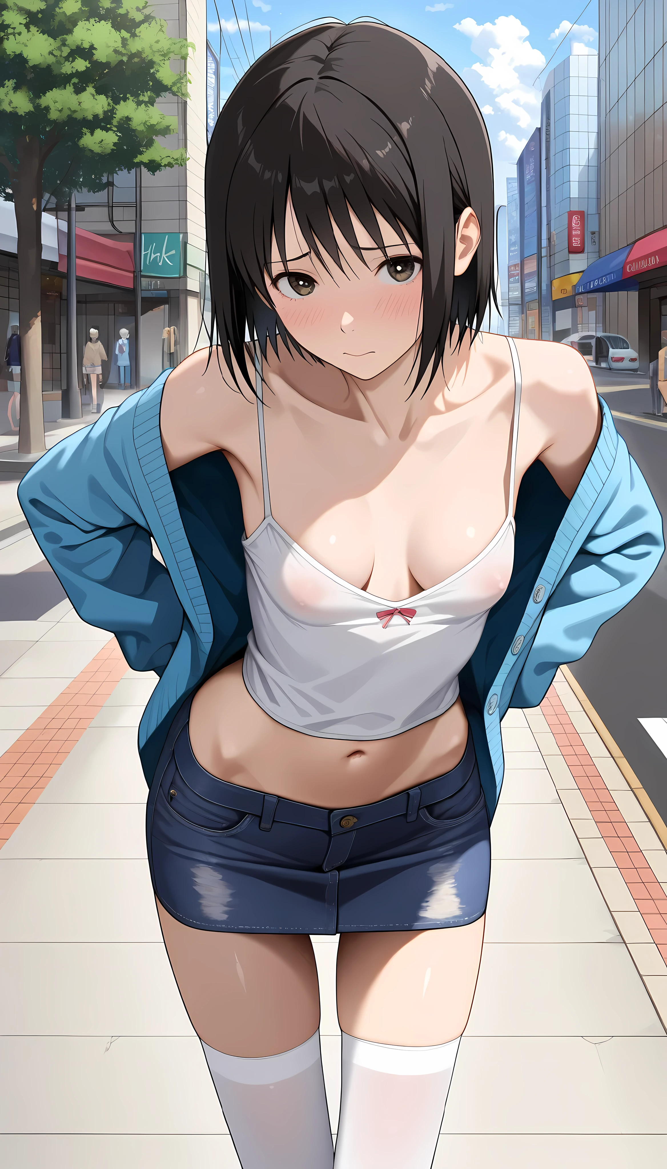 ((outdoor、city))、((open shirt))、(big breasts)、((nipple))、((( lifting bra)))、((((both hands on own breasts))))、embarrassed face、troubled face、blush,looking at the camera、((Photographed from the front))、(((ブラを上げてカメラマンにnippleを見せている))),one person、full body photo