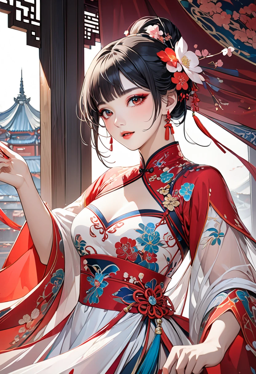 (highest quality), girl,Oriental detailed background, Oriental cityscape, steampunk, Shrine maiden