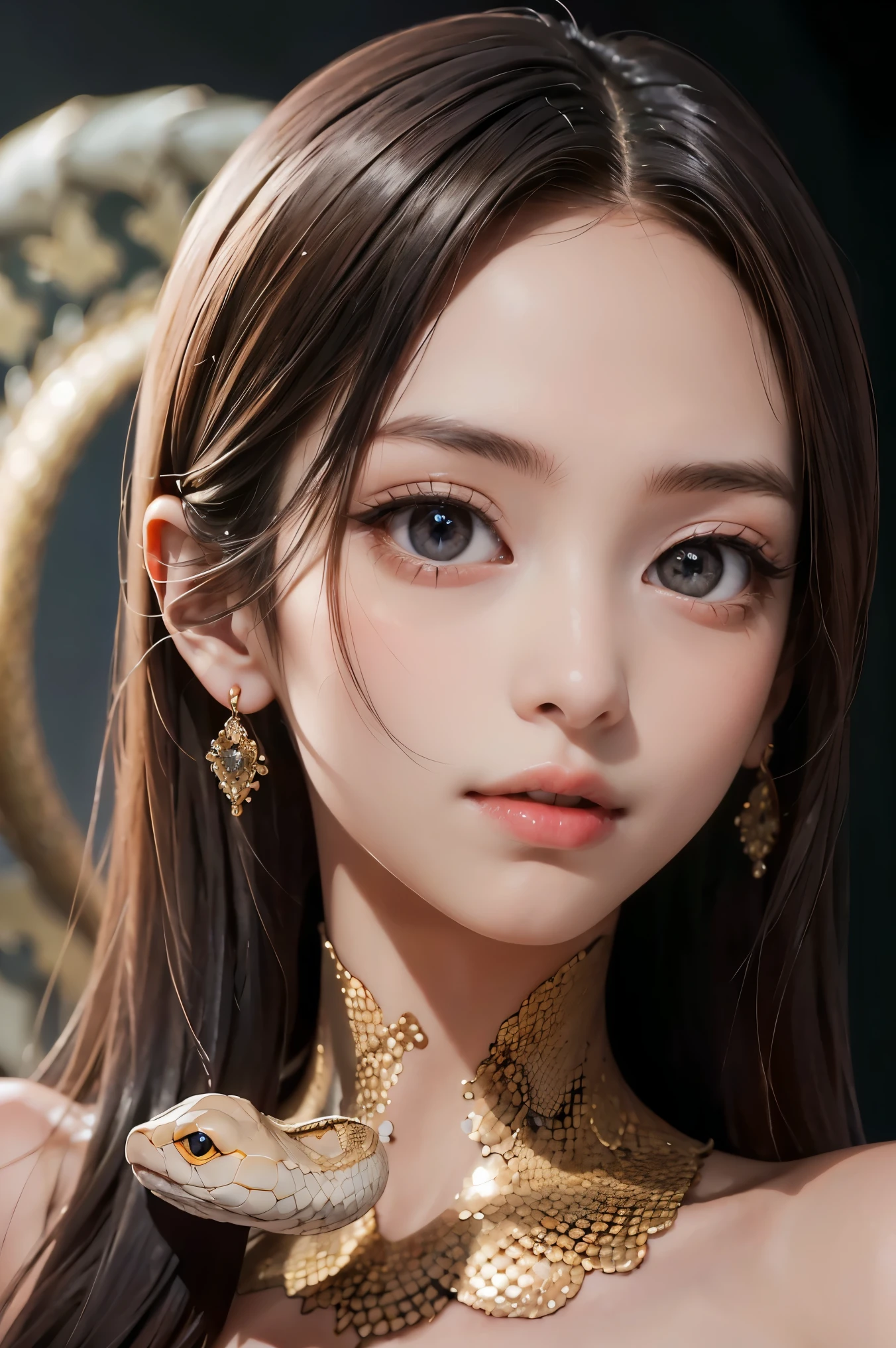 Photo of A beautiful girl, Dark hair.
Piercing eyes.
White skin.
Snake.
Enigmatic gaze.
Elegant posture.
Shimmering scales.
Deep silence.
Mysterious aura., (masterpiece, best quality:1.2), background, bokeh, Depth of field, 4k, whimsical