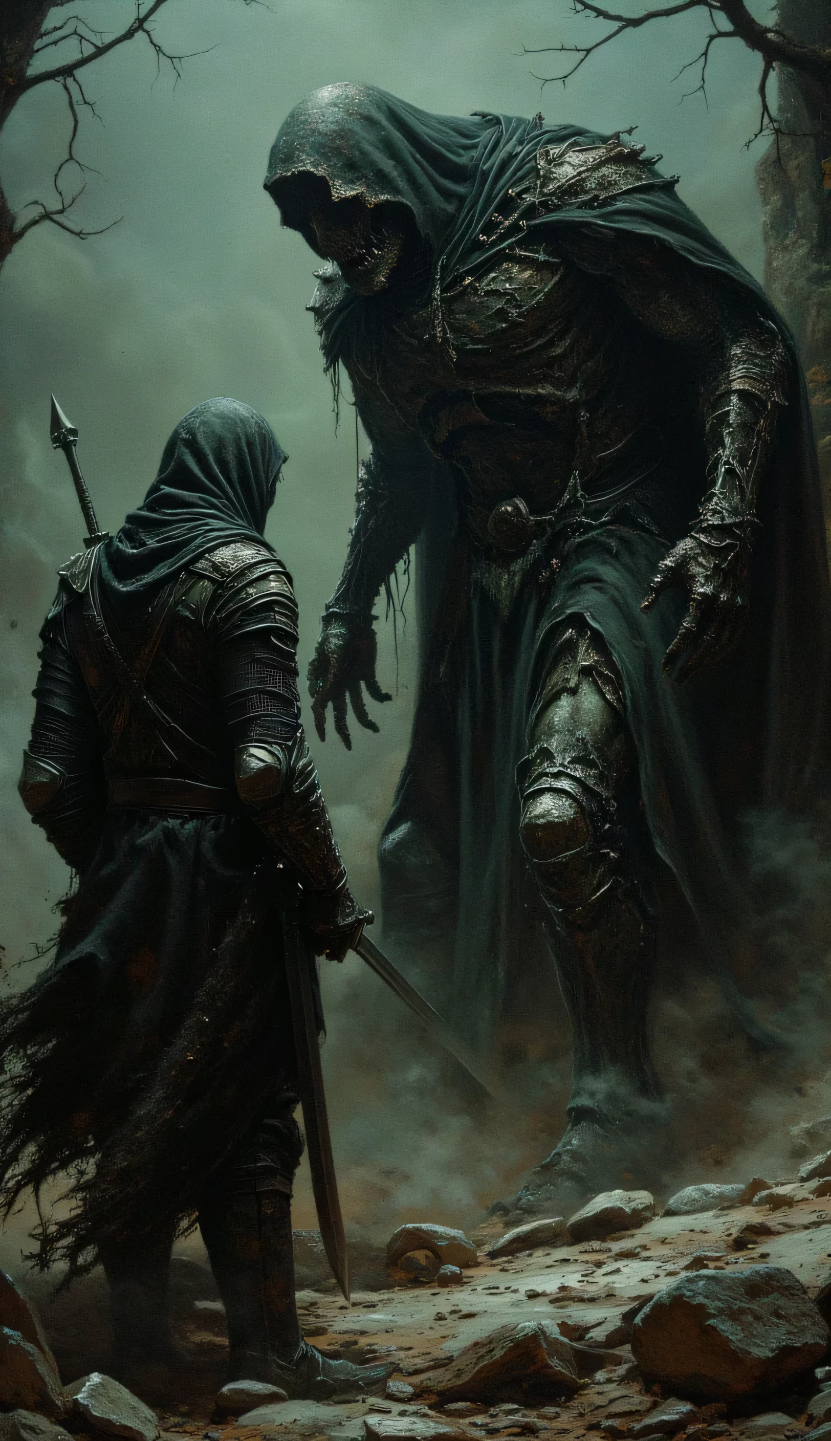 One of the mercenaries , , a repentant assassin , , sacrifices himself to allow others to escape , , facing a monstrous version of himself who accuses him of his crimes.