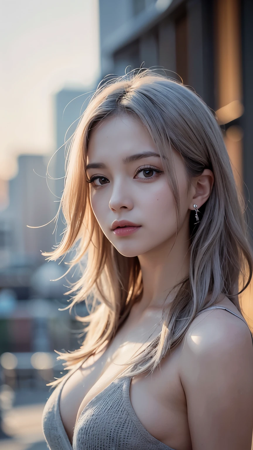 mix 4, (8k, Unprocessed photo , Max Image Quality, masterpiece: 1.45), ( is present, photorealistic: 1.37), One Girls, cute little, cityscape , daytime, professional lighting , Photon Mapping , radiosity, Physical Base Rendering , Gradient Gray Hair, Shiny Hair, With a girl, casual outfit,Cute clothes, best quality pictures, high resolution, 1080P, (Clear Face), ( DETAILED FACE DESCRIPTION ), ( detailed hand instructions), (masterpiece), (Sophisticated CG), extreme light and shadow , disheveled hair, masterpiece, Dense details, ( beautiful face), ( best quality pictures), (masterpiece), ( detailed eyes ), look in front of you , Thin clavicle, big breasts ,(( Side Boober Barbossa )),( Underbob ),,Earrings, cleft breast,