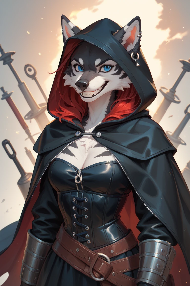 ((best quality, masterpiece, 4k, 8k, high res)), ((furry; Anthro Wolf)), red hair, dynamic fighting pose, ferocious, fangs, full body, female werewolf, sexy, vibrant colors, (edgy punk hairstyle), knight armor, well-toned abs, Victorian dress, goth corset,
